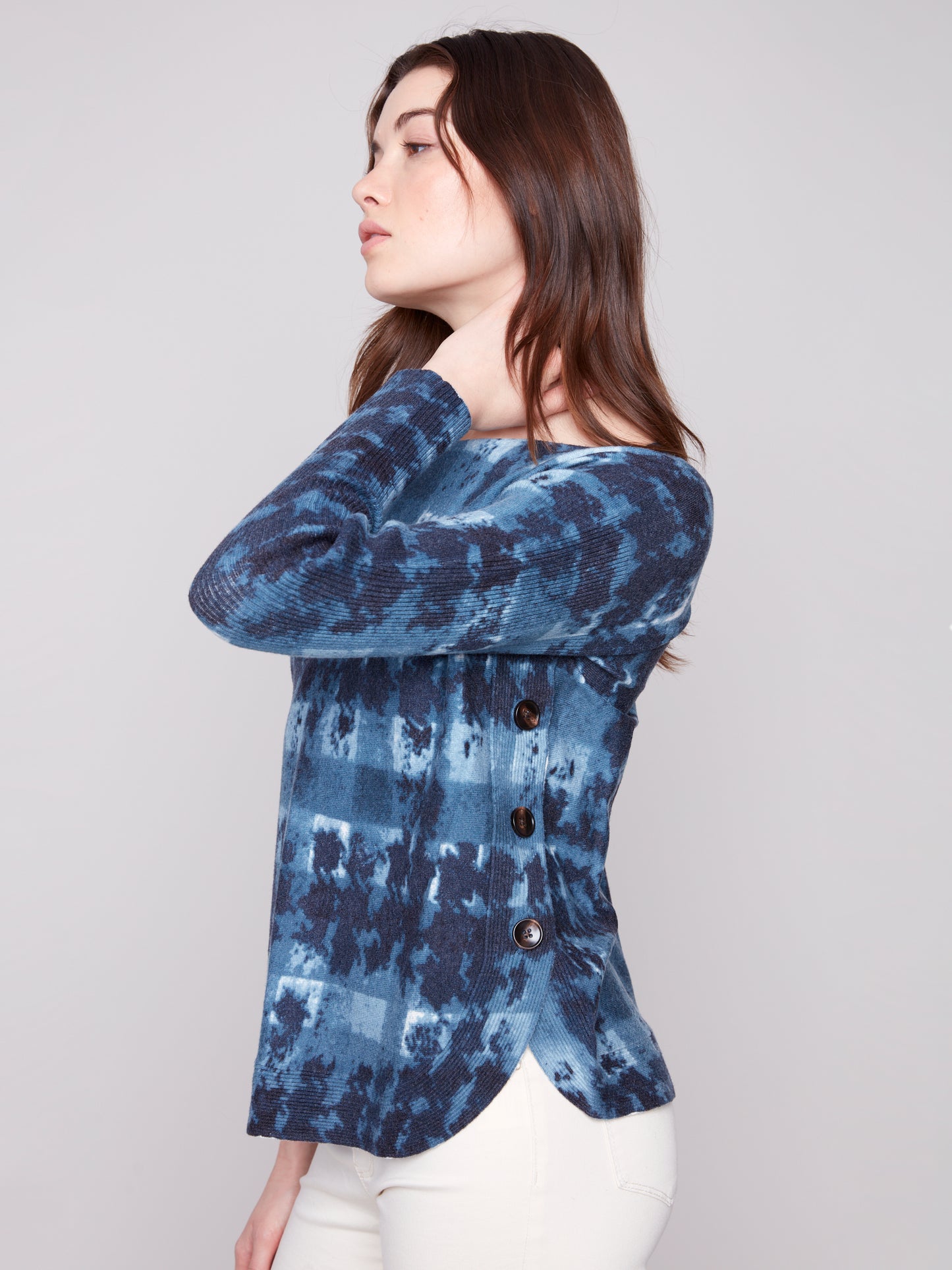 Charlie B Boat Neck Sweater w/Side Buttons Detail Shadow C2871P-464A-958