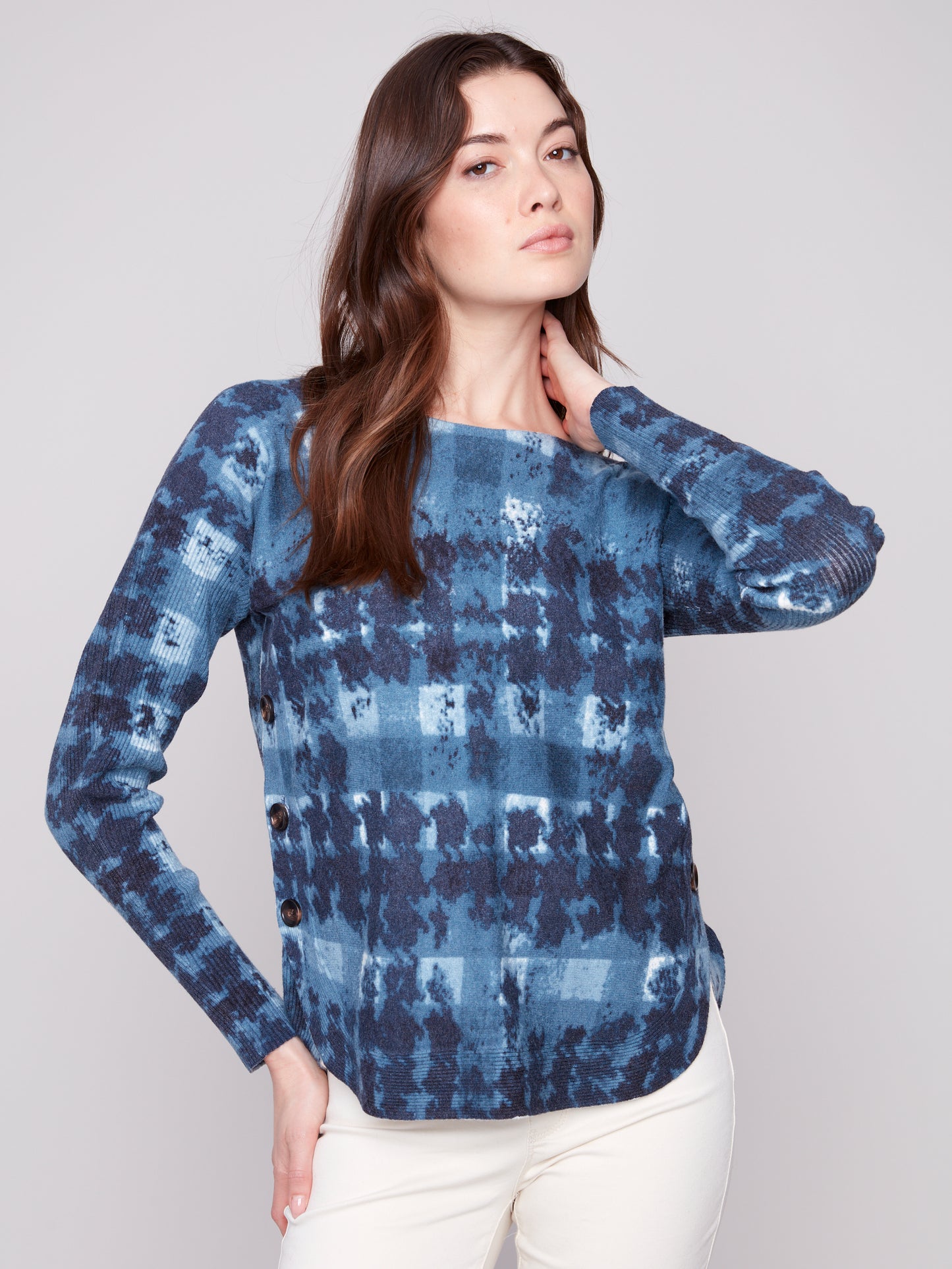 Charlie B Boat Neck Sweater w/Side Buttons Detail Shadow C2871P-464A-958