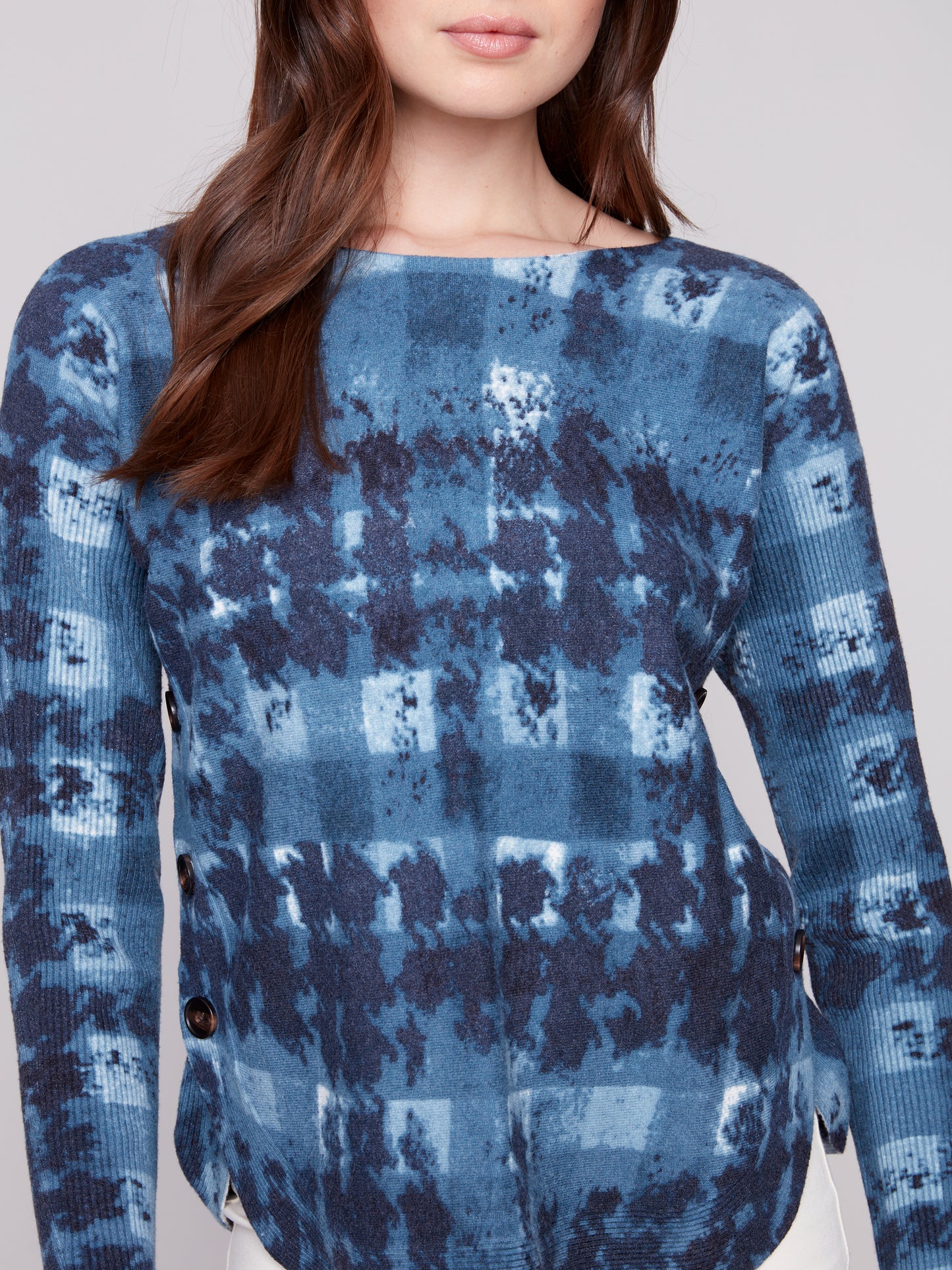 Charlie B Boat Neck Sweater w/Side Buttons Detail Shadow C2871P-464A-958