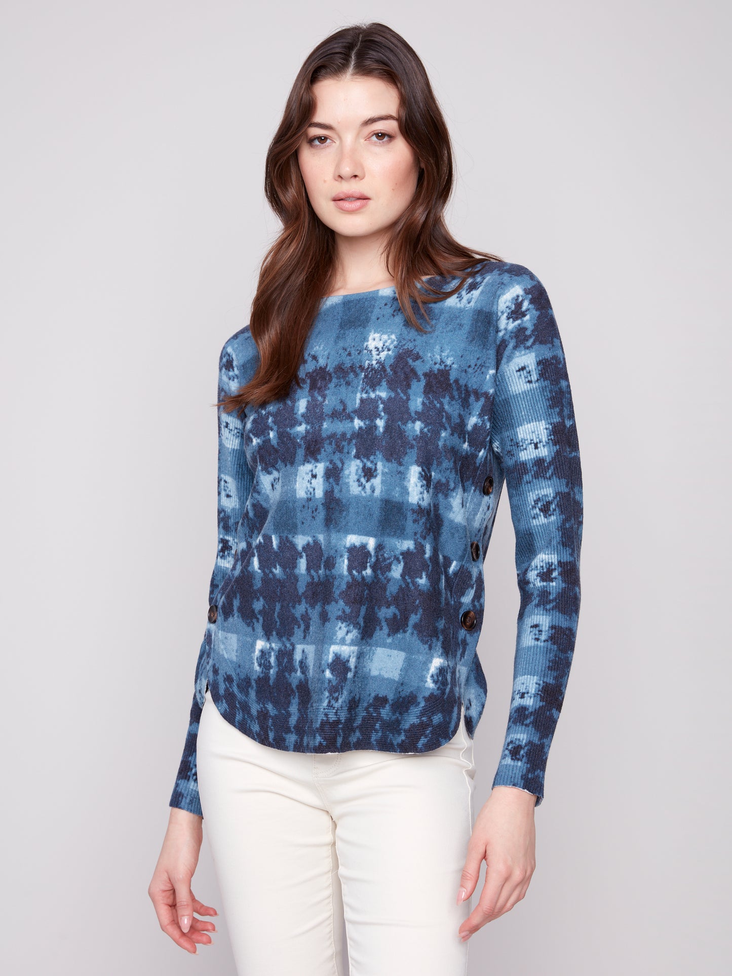 Charlie B Boat Neck Sweater w/Side Buttons Detail Shadow C2871P-464A-958