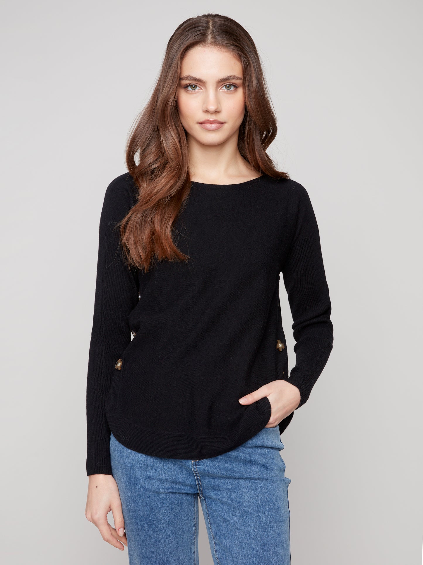 Charlie B Boat Neck Sweater w/Side Buttons Detail Black C2871-464A-001