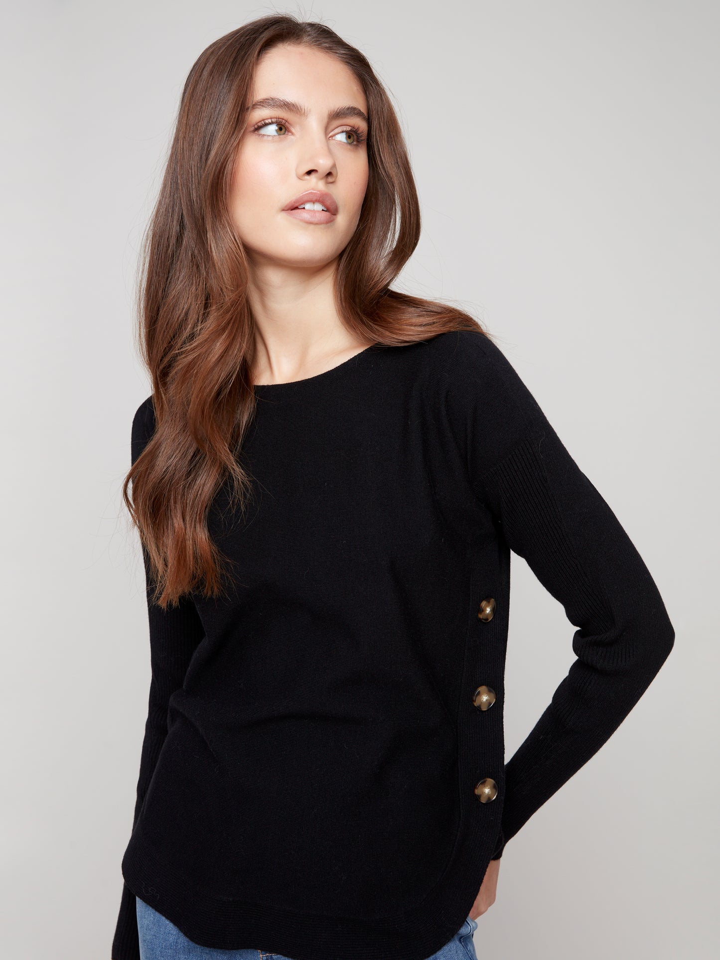 Charlie B Boat Neck Sweater w/Side Buttons Detail Black C2871-464A-001