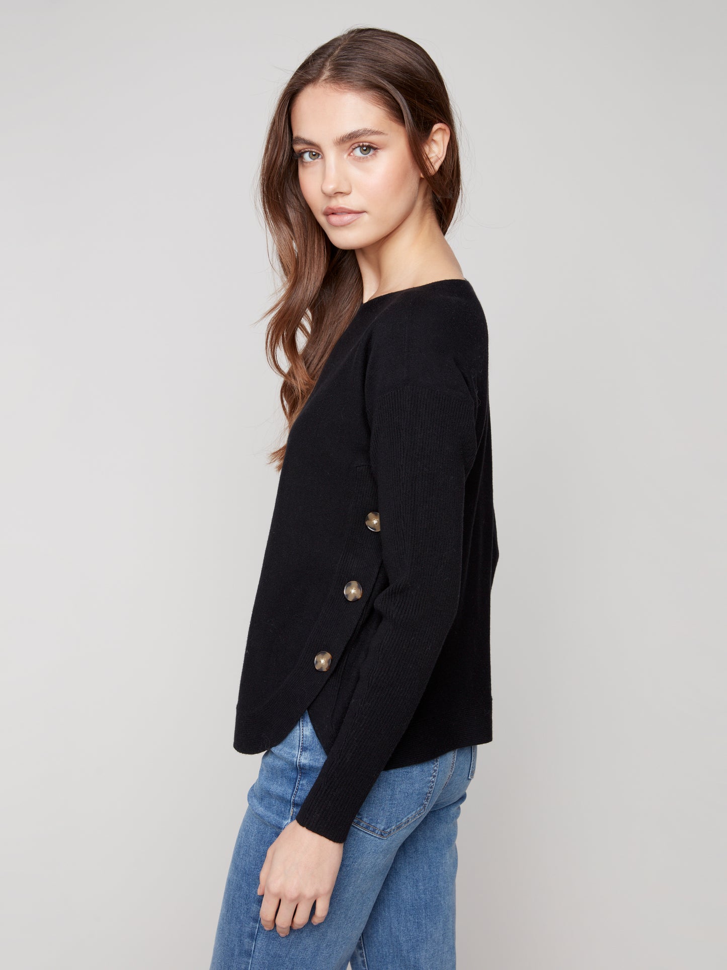 Charlie B Boat Neck Sweater w/Side Buttons Detail Black C2871-464A-001