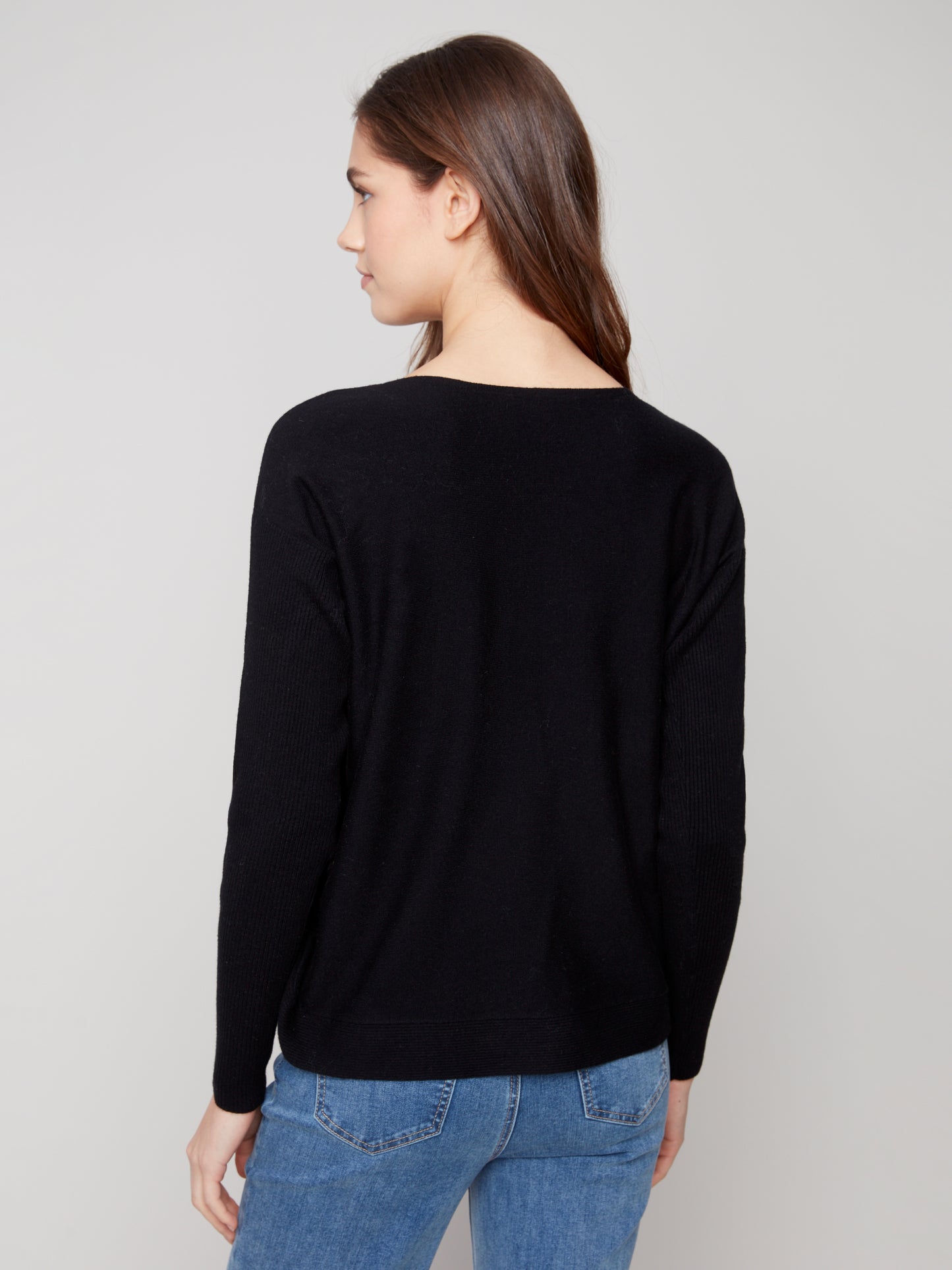 Charlie B Boat Neck Sweater w/Side Buttons Detail Black C2871-464A-001