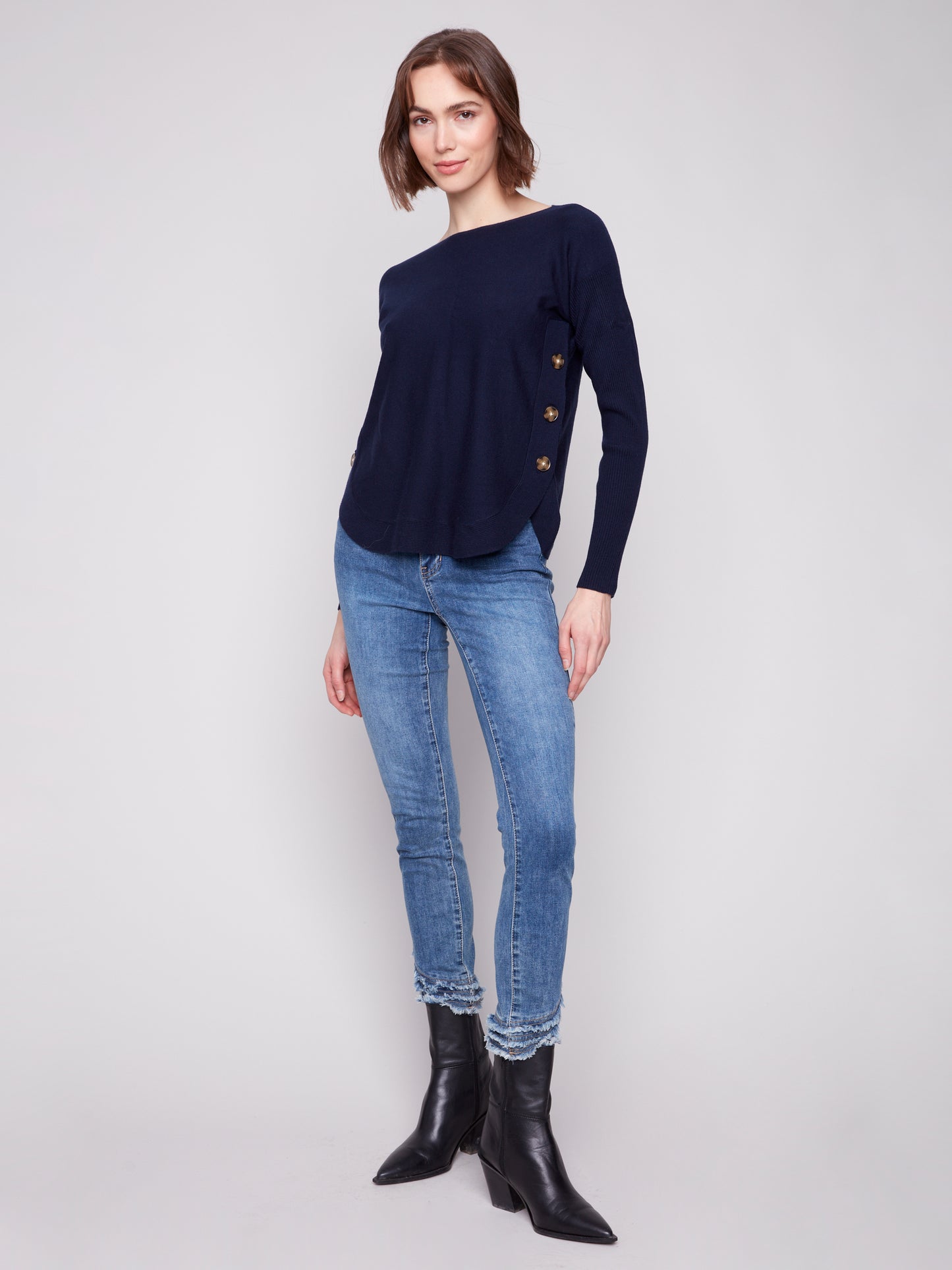 Charlie B Boat Neck Sweater w/Side Buttons Detail Navy C2871-464A-117