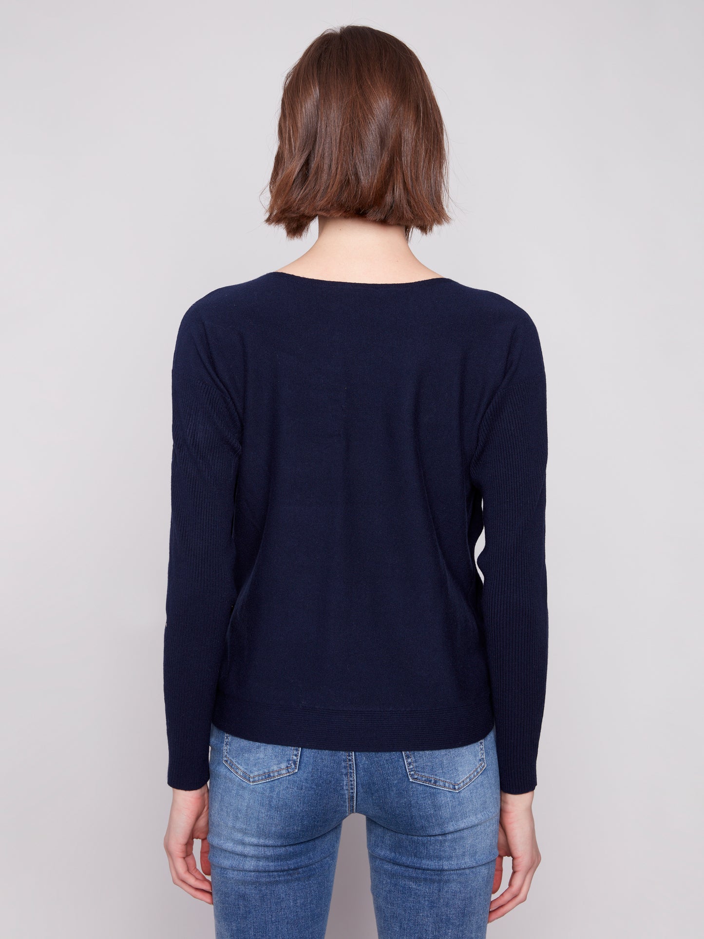 Charlie B Boat Neck Sweater w/Side Buttons Detail Navy C2871-464A-117