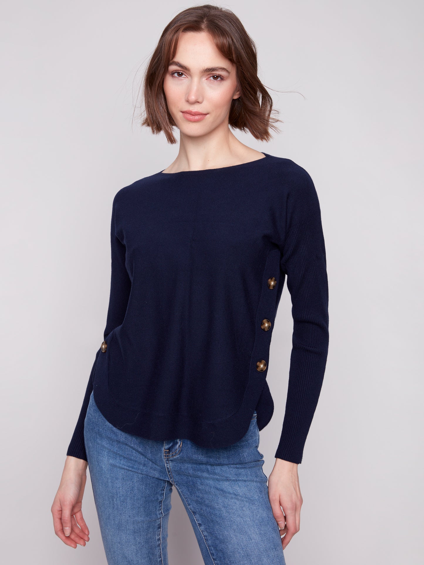Charlie B Boat Neck Sweater w/Side Buttons Detail Navy C2871-464A-117