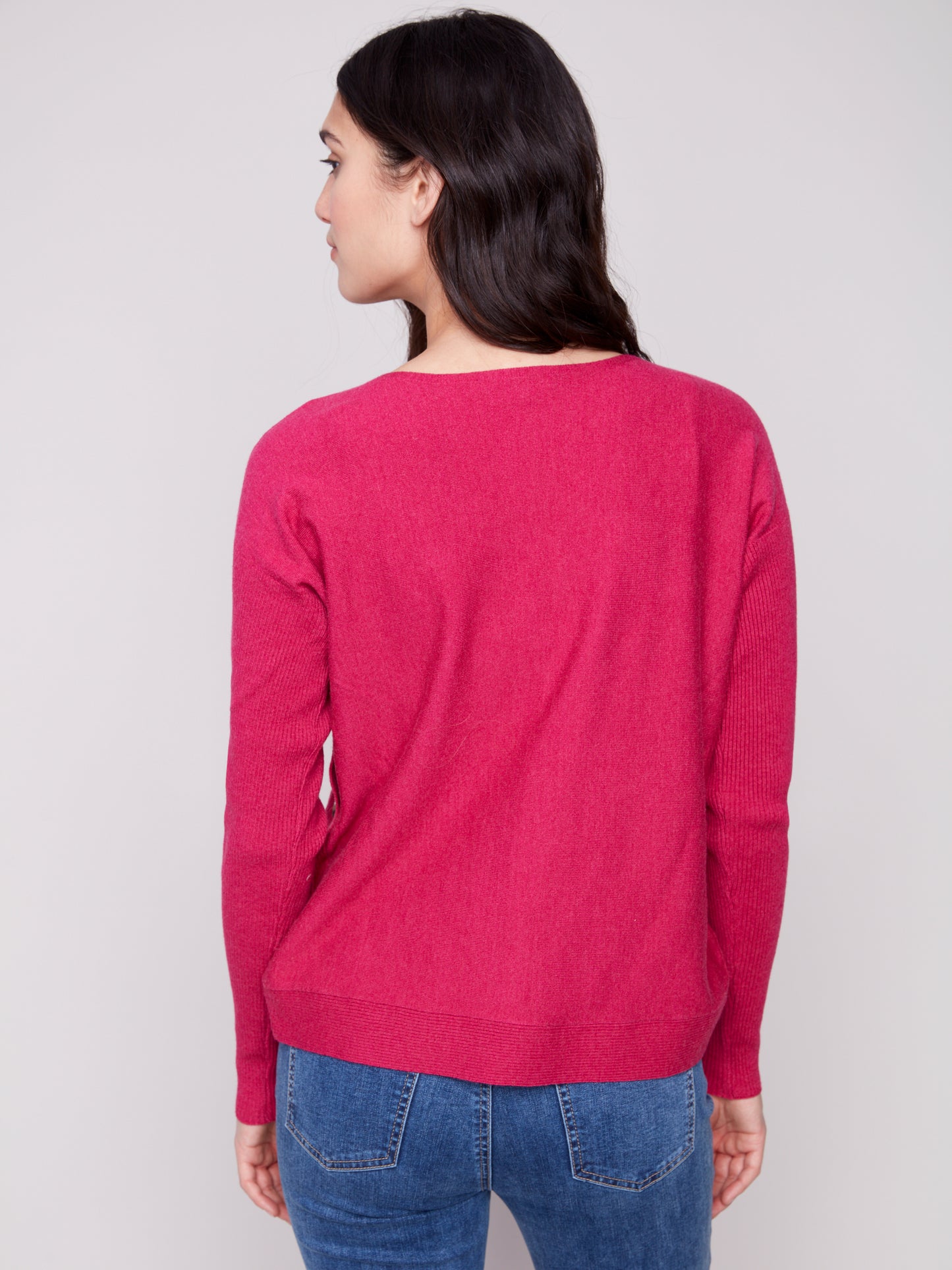 Charlie B Boat Neck Sweater w/Side Buttons Detail H. Hibiscus C2871-464A-944