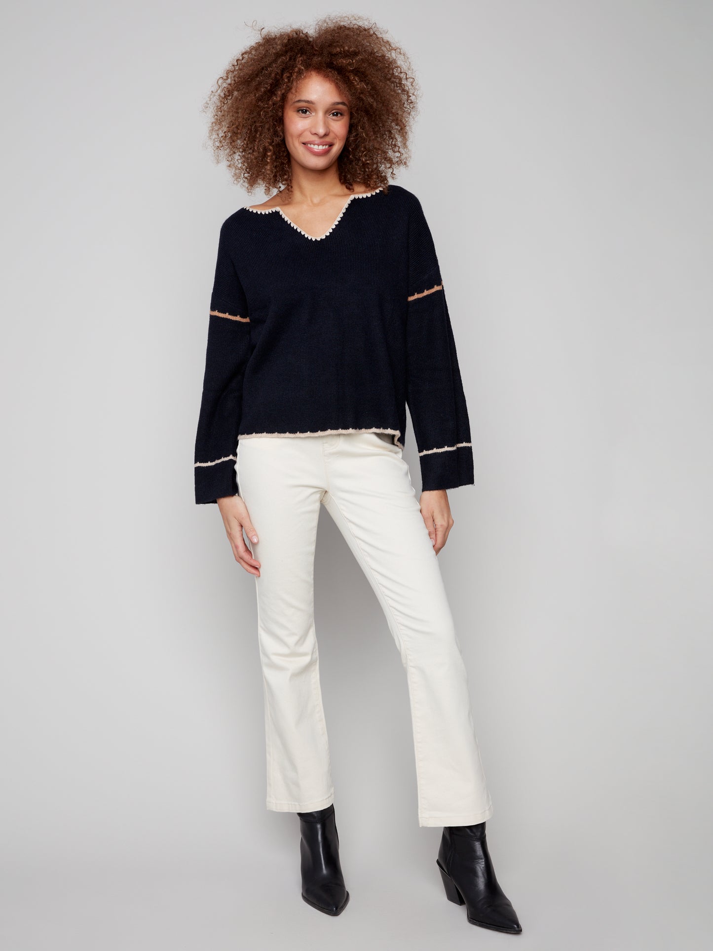 Charlie B Notched Neck Rib Embroidered Sweater Navy C2879-365C-P117