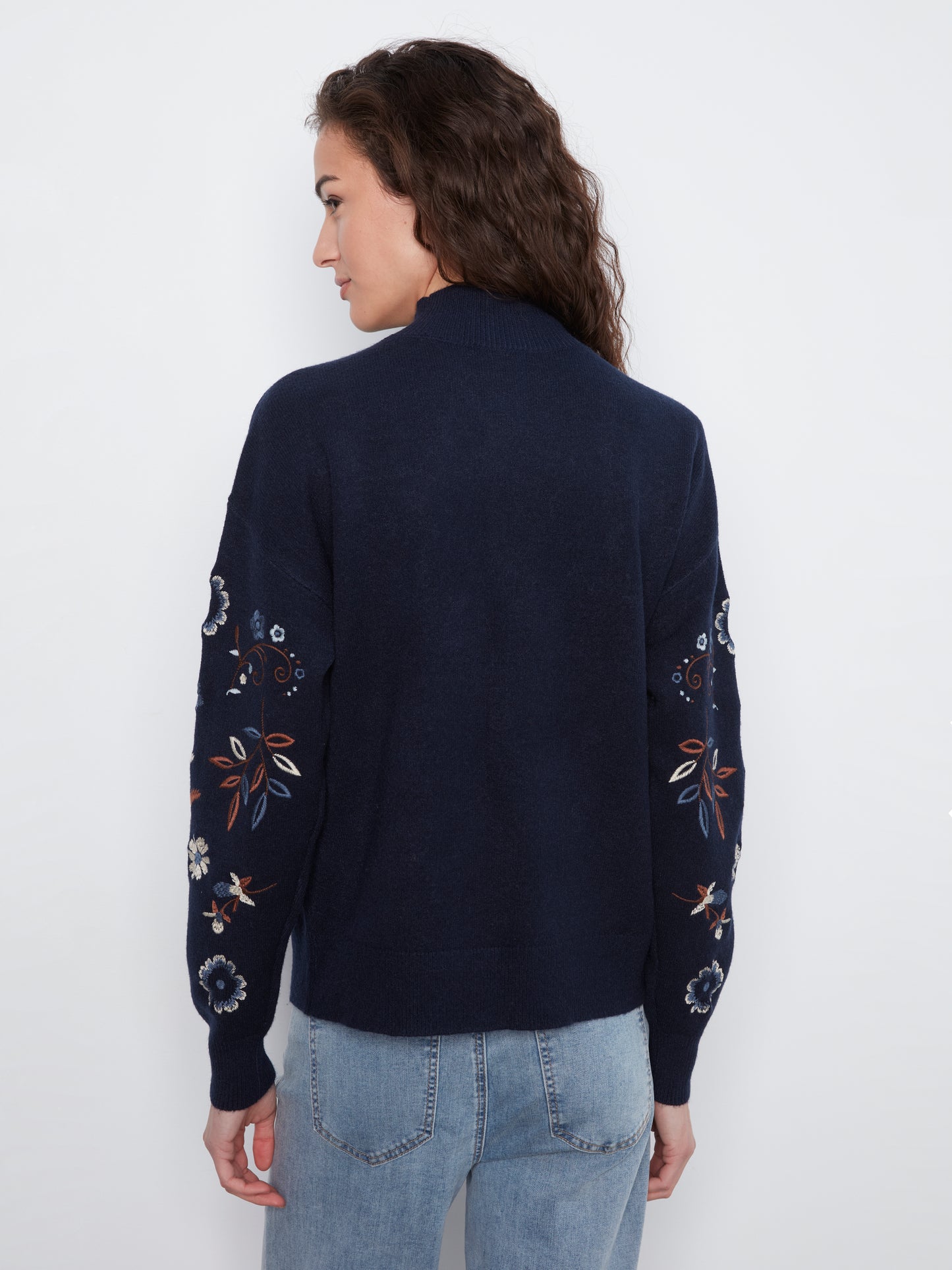 Charlie B All Over Embroidered Mock Neck Sweater Navy C2893R-736A-P117
