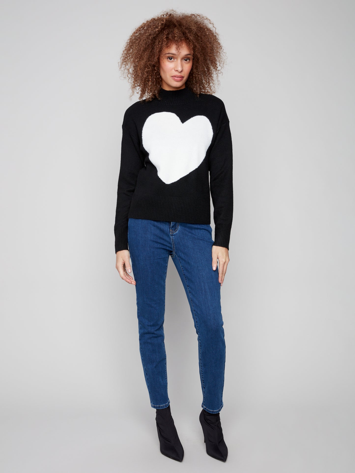 Charlie B Intarsia Heart Mock Neck Sweater Black C2896-383C-P001