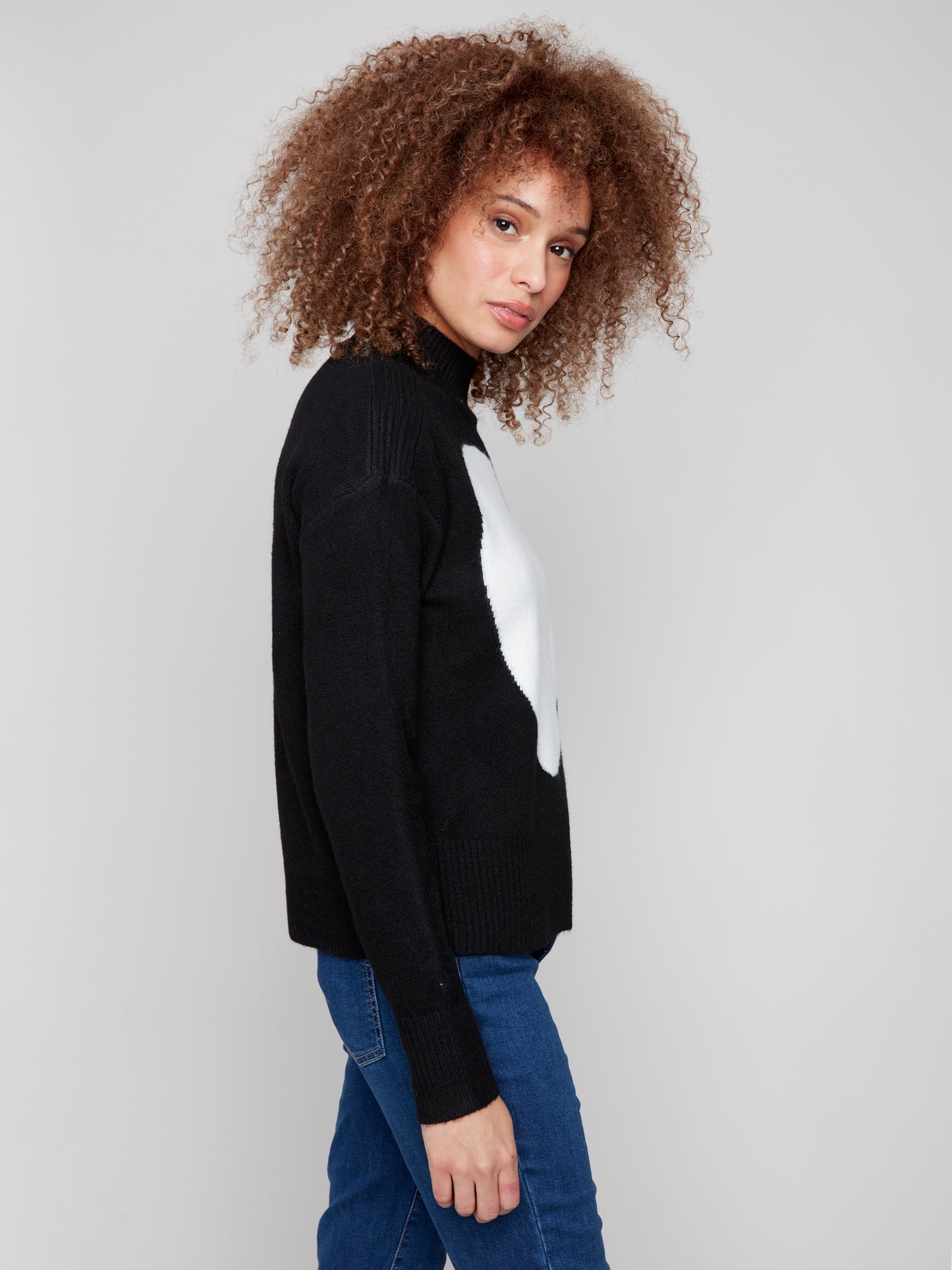 Charlie B Intarsia Heart Mock Neck Sweater Black C2896-383C-P001