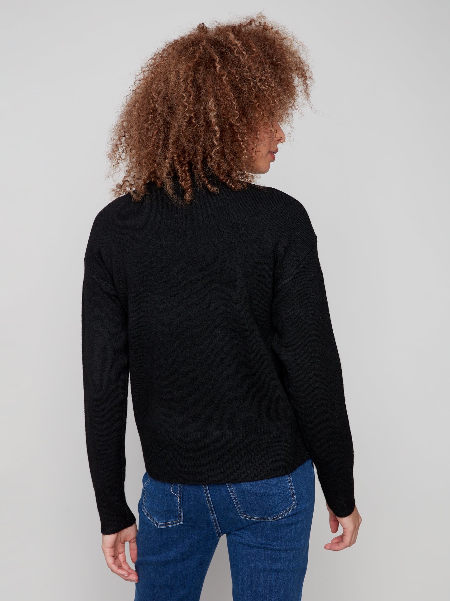 Charlie B Intarsia Heart Mock Neck Sweater Black C2896-383C-P001