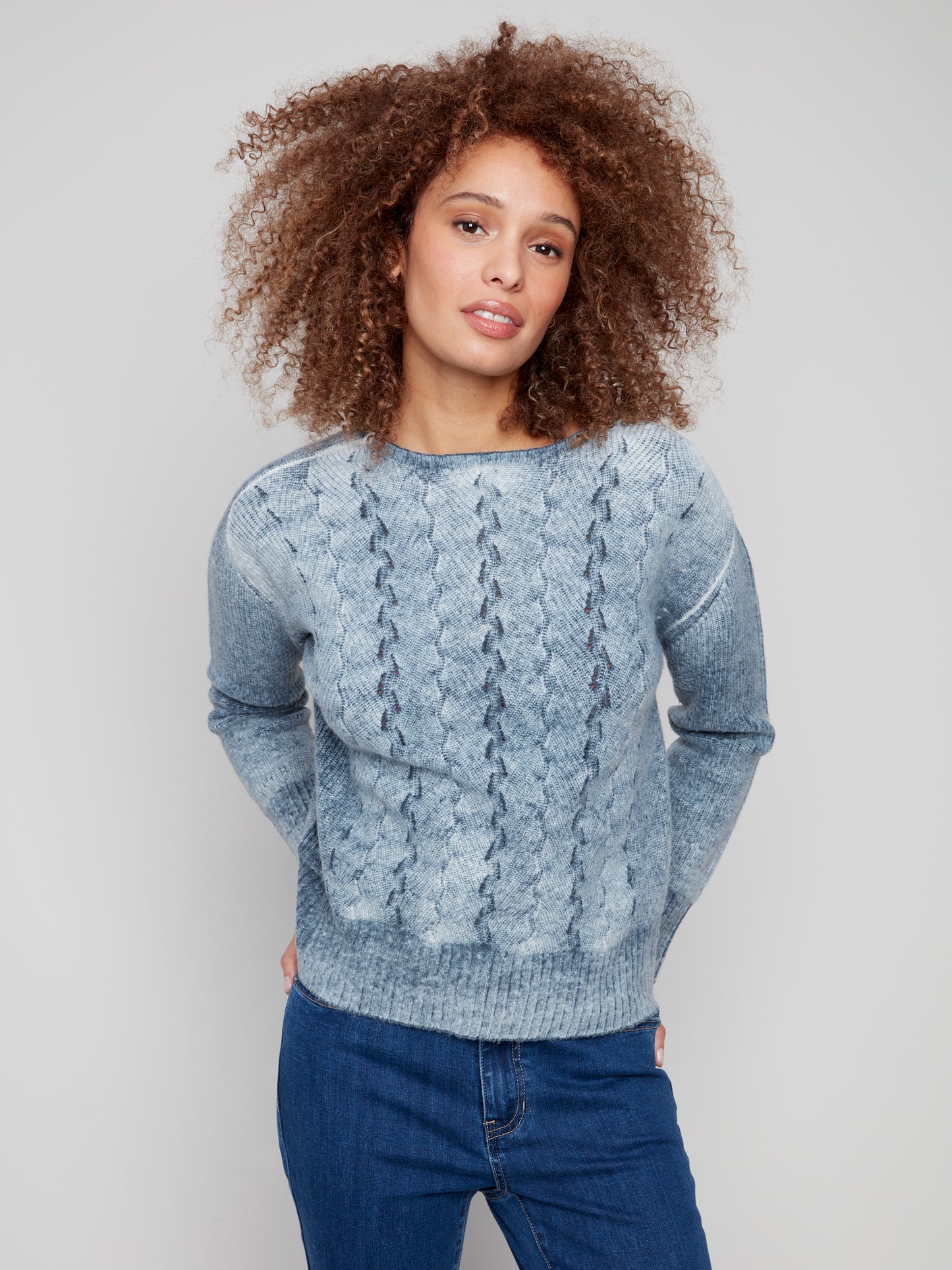 Charlie B Crew Neck Sweater w/Fancy Stitch Denim C2920-403C-006