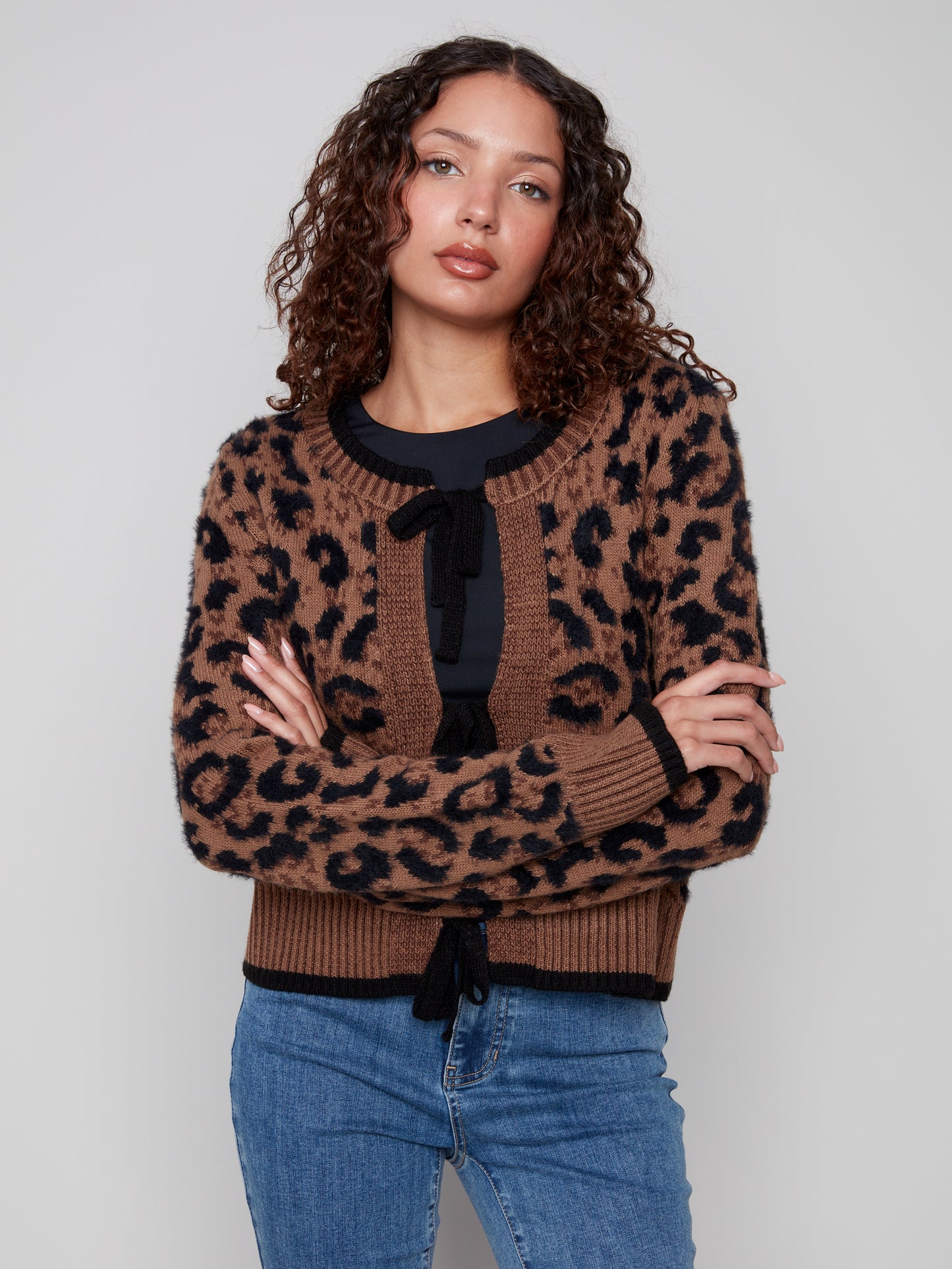 Charlie B Bow Tie Front Cardigan Animal C2933-430-CP236