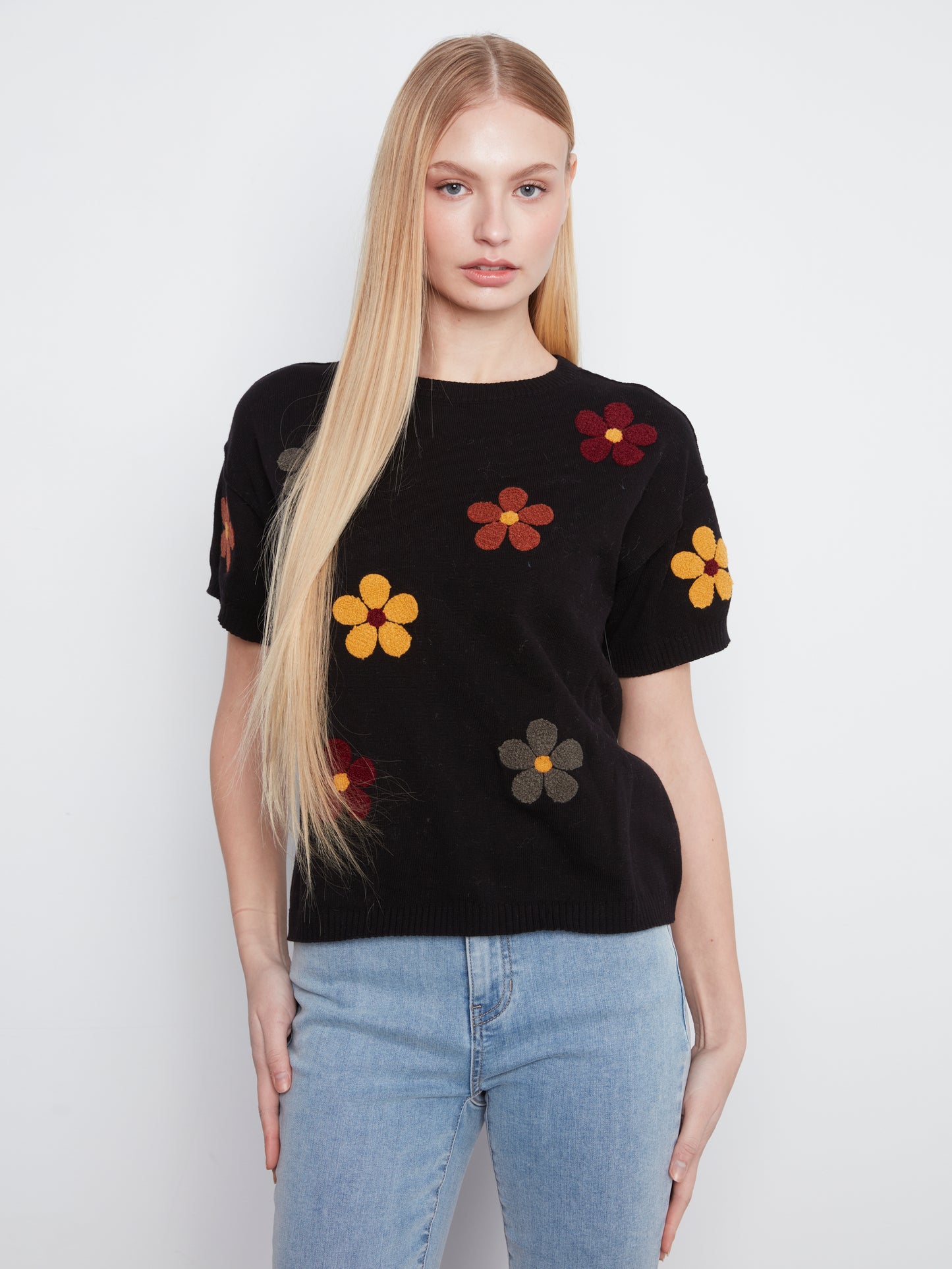 Charlie B Elbow Sleeve Embroidered Flowers Crew Neck Sweater Black C2947E-261B-P001