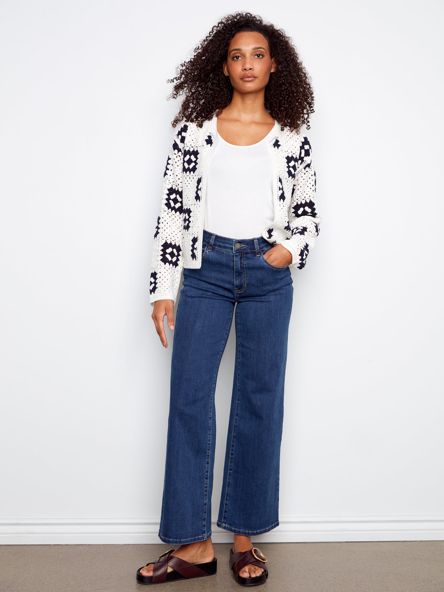Charlie B Square Crochet Cardigan White C2951-500C-P002