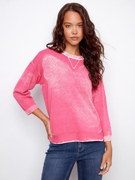 Charlie B Reverse Print 3/4 Sleeve Sweater w/Curved Hem Fuchsia C2964P-261B-P377