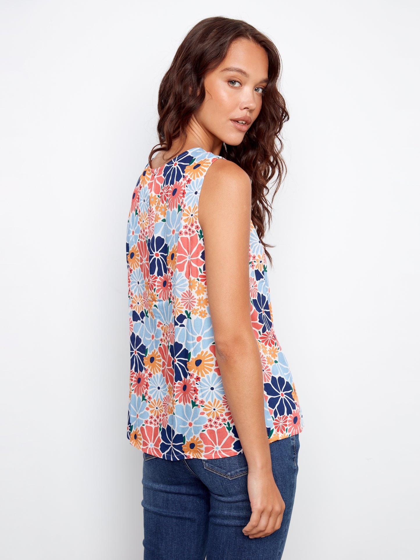 Charlie B Printed Sleeveless Blouse w/Back Keyhole Retro C4512RR-808B-P203
