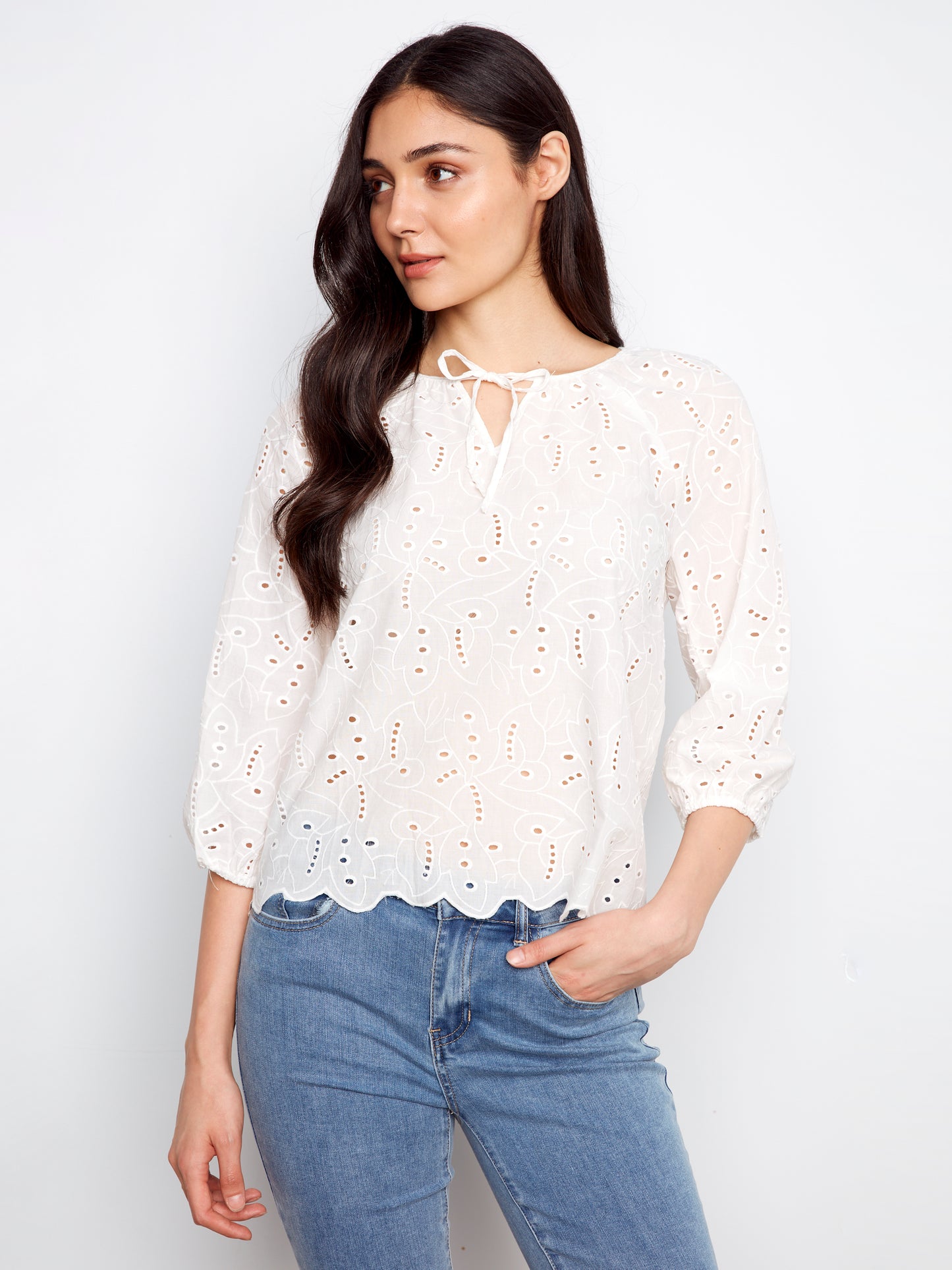 Charlie B 3/4 Raglan Sleeve Blouse w/Ties at Notch Neckline White C4661-505C-002
