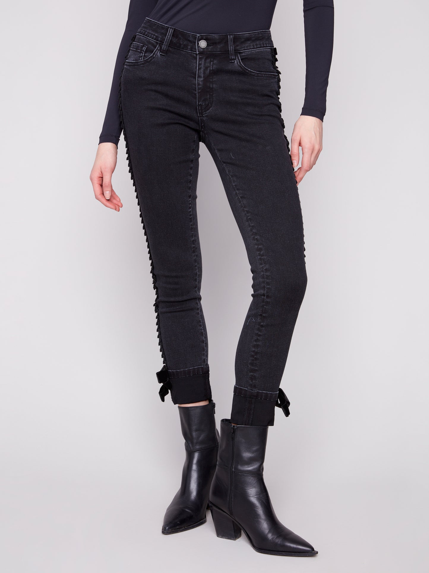 Charlie B Slim Leg 5 Pocket Stretch Denim Pants w/Velvet Bow Trim Charcoal C5123RR-551A-038
