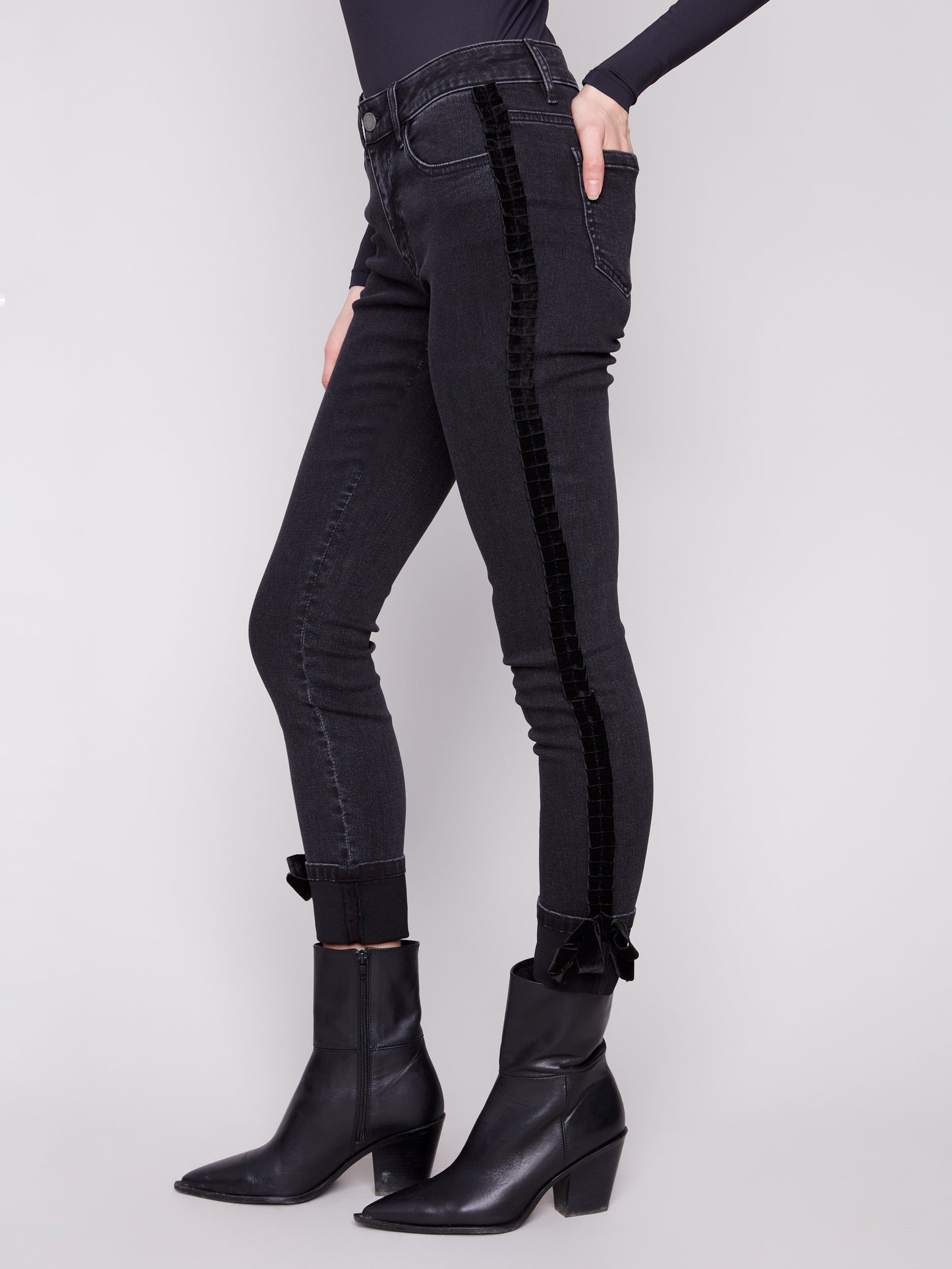 Charlie B Slim Leg 5 Pocket Stretch Denim Pants w/Velvet Bow Trim Charcoal C5123RR-551A-038