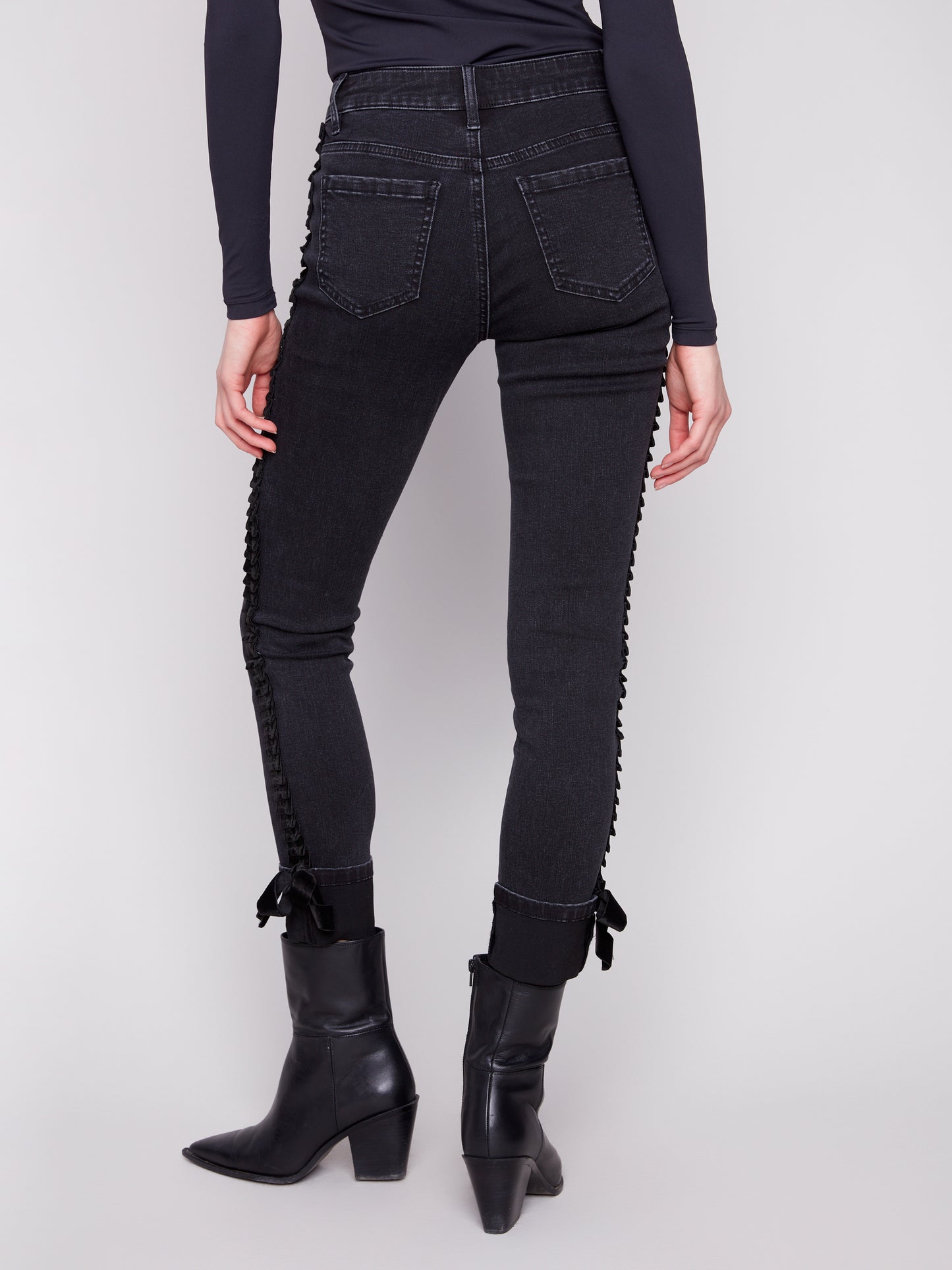 Charlie B Slim Leg 5 Pocket Stretch Denim Pants w/Velvet Bow Trim Charcoal C5123RR-551A-038