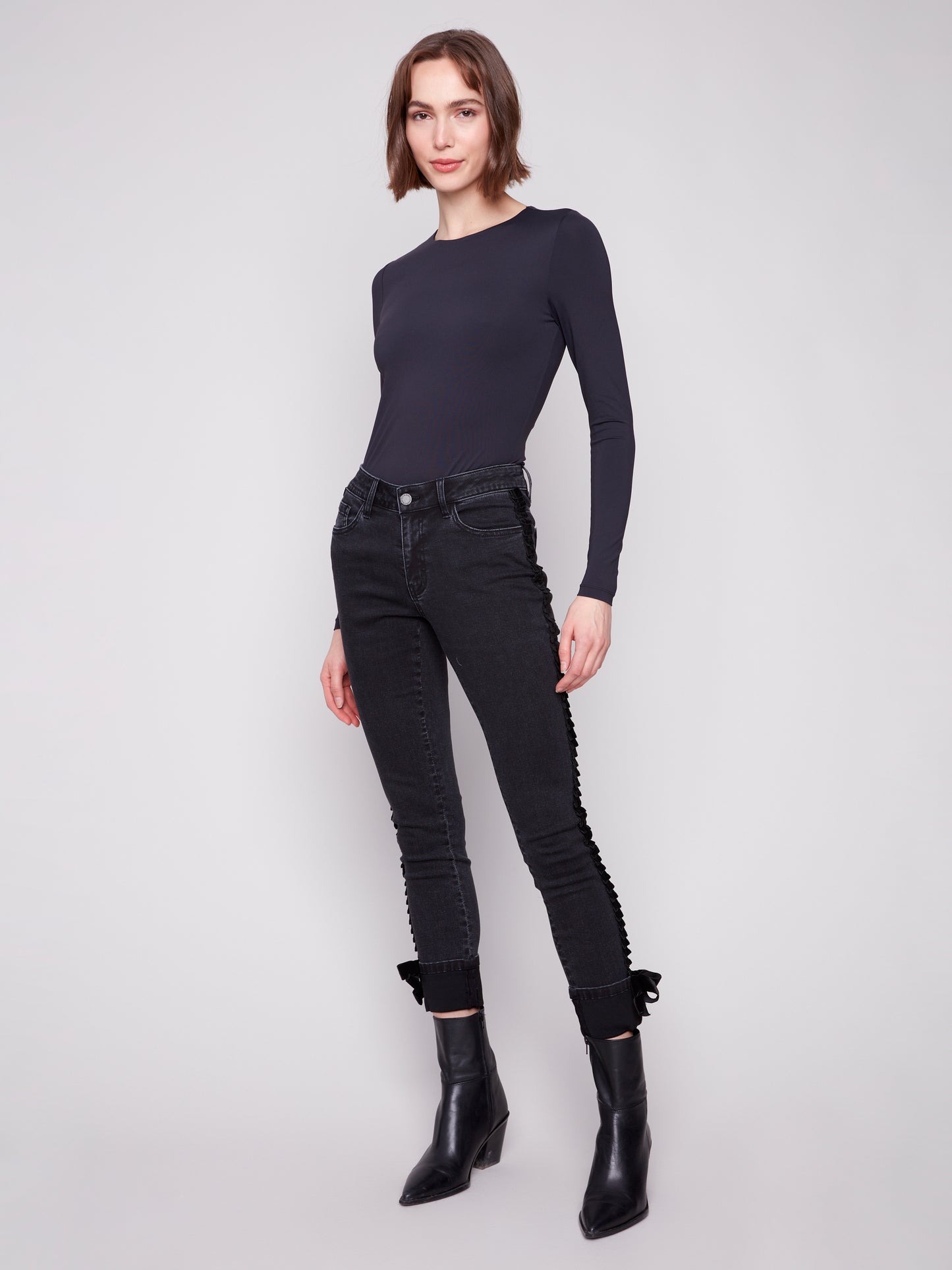 Charlie B Slim Leg 5 Pocket Stretch Denim Pants w/Velvet Bow Trim Charcoal C5123RR-551A-038