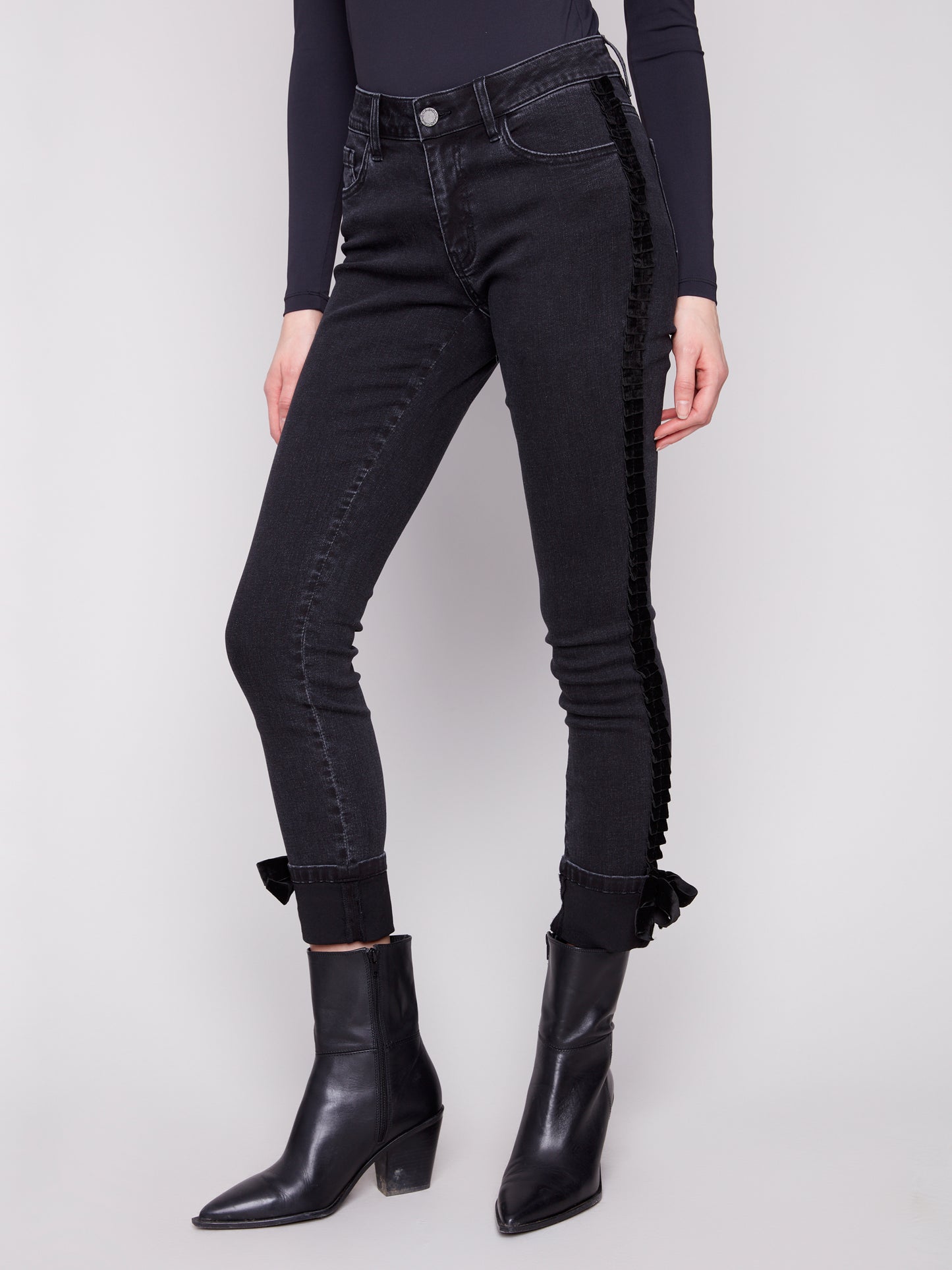 Charlie B Slim Leg 5 Pocket Stretch Denim Pants w/Velvet Bow Trim Charcoal C5123RR-551A-038