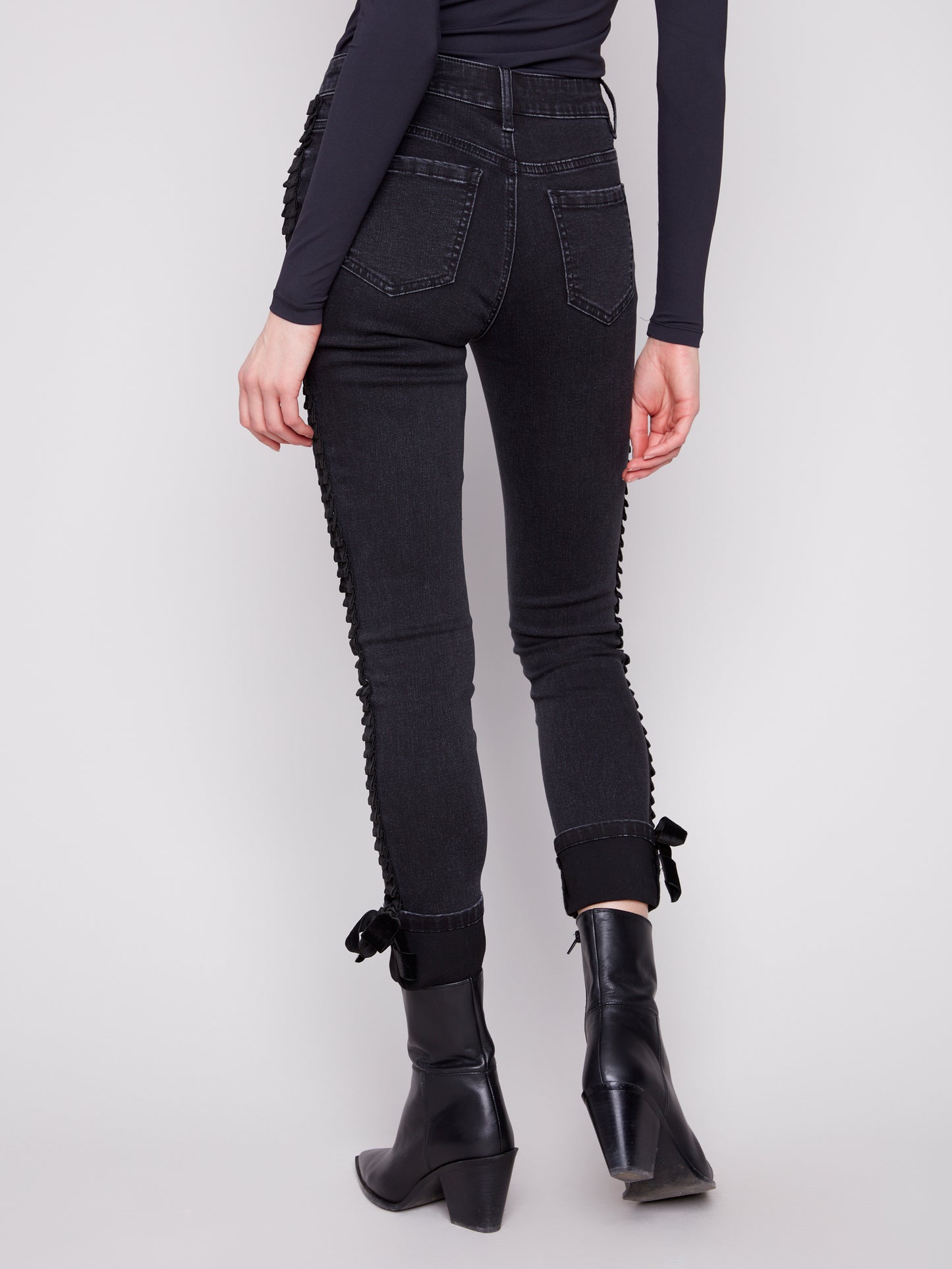 Charlie B Slim Leg 5 Pocket Stretch Denim Pants w/Velvet Bow Trim Charcoal C5123RR-551A-038