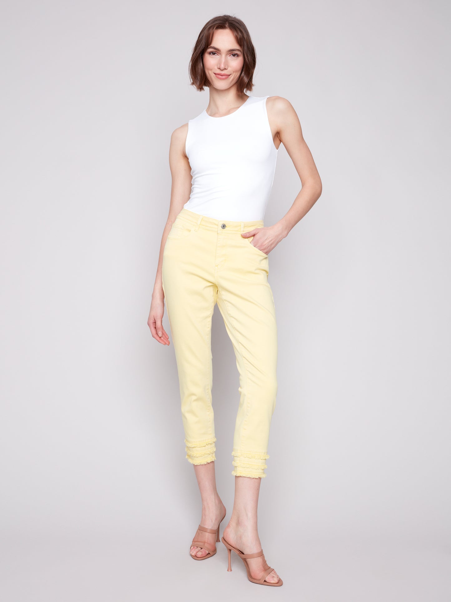 Charlie B Frayed Hem Cropped Twill Pants Lemonade C5147T-618A-691