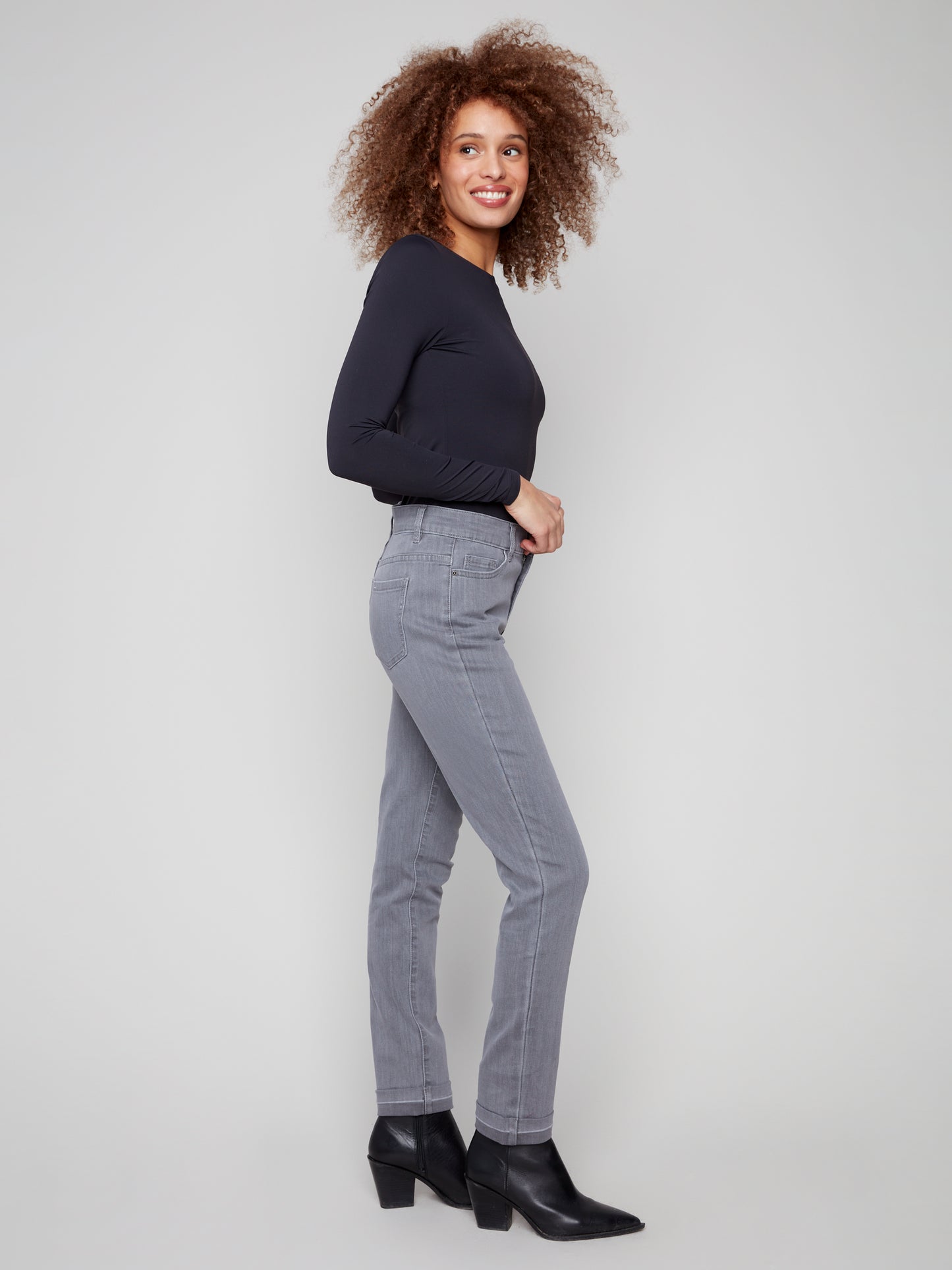 Charlie B Cuffed Hem Slim 5 Pkt Stretch Denim Pants Smoke Grey C5309Y-551A-989