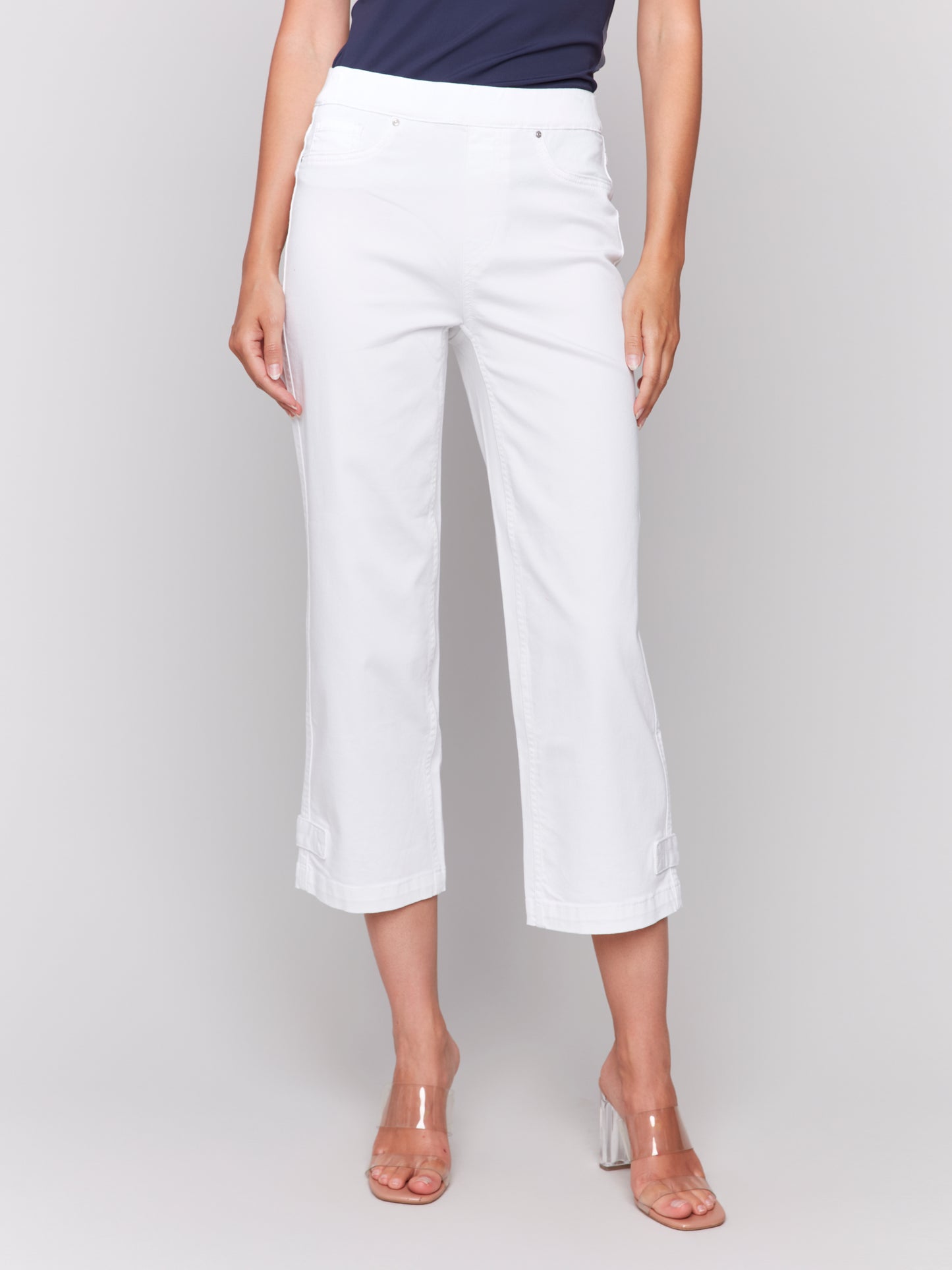 Charlie B Cropped Pull On Twill Pants w/Hem Tab White C5404RR-618-002