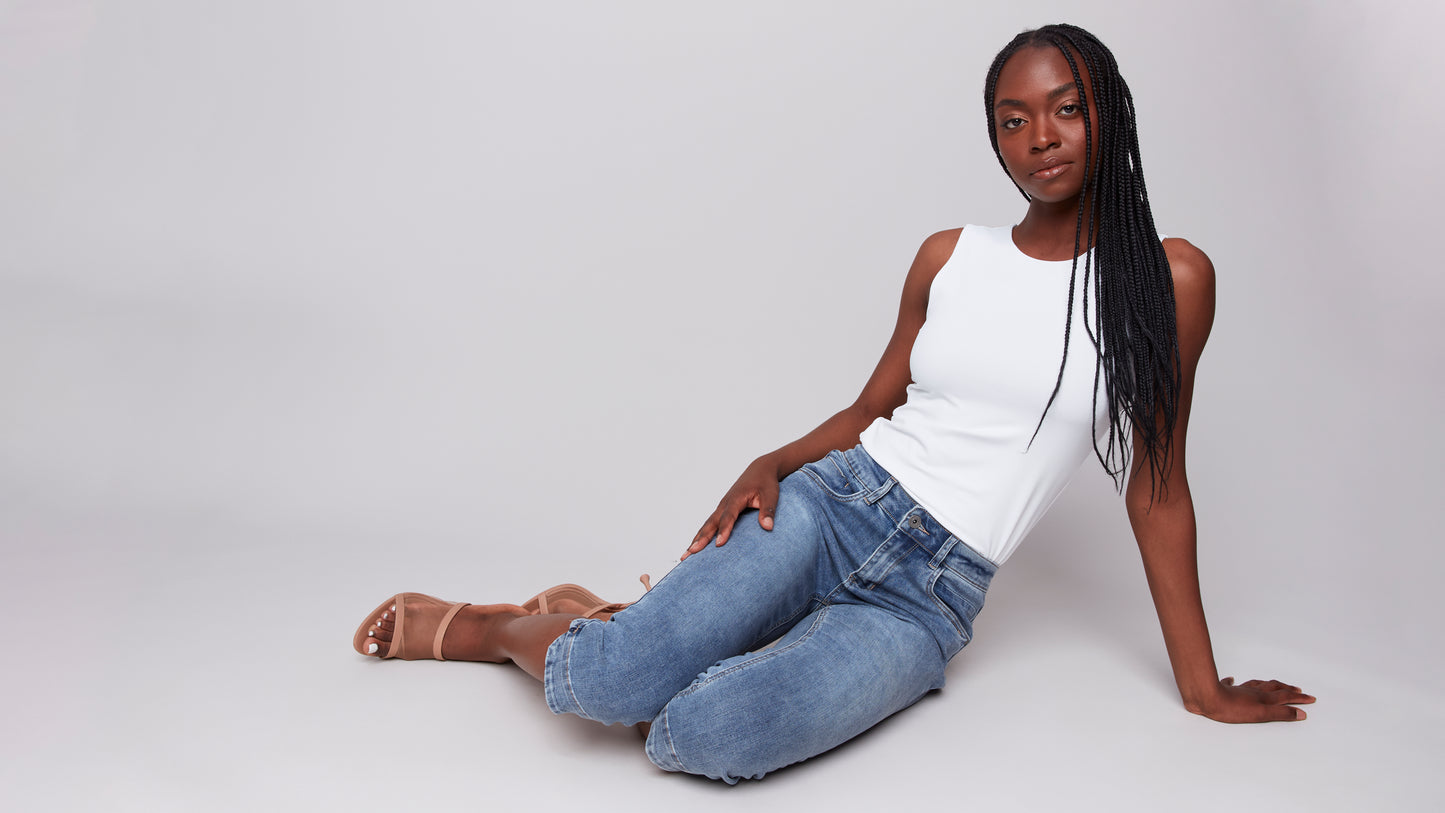 Charlie B Knee High Capri Jeans Medium Blue C5514R-431A-156