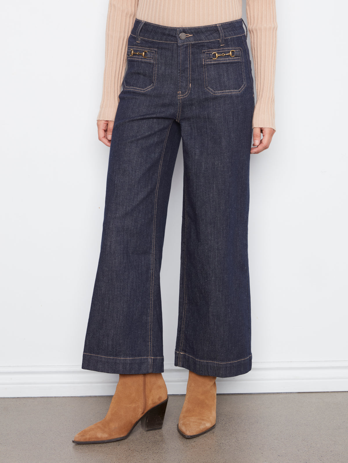 Charlie B Cropped Patch Pocket Wide Leg Jeans w/Horsebit Detail Deep Blue C5538D-437C-910
