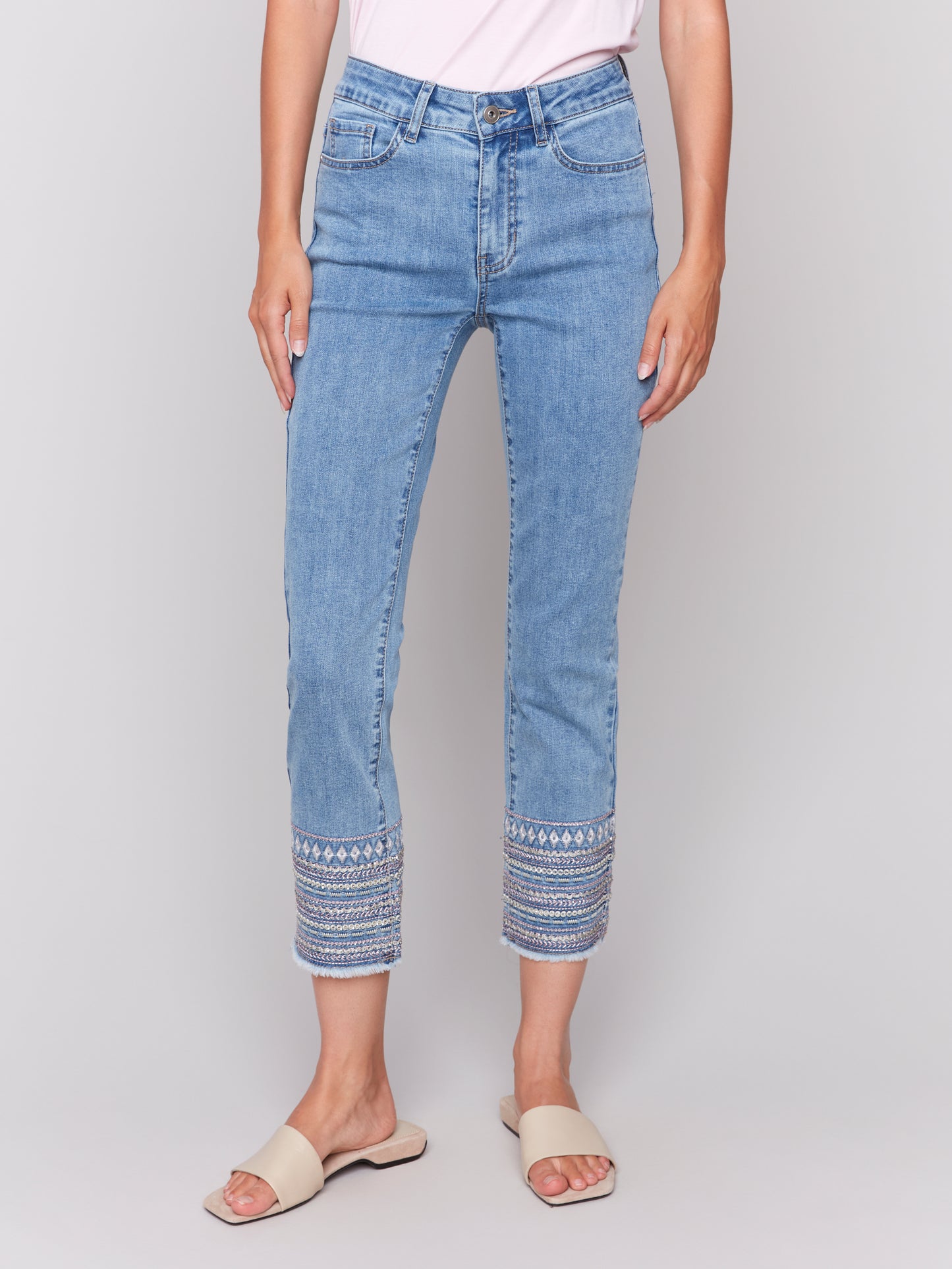 Charlie B Embroidered Hem Jeans Lt. Blue C5640-431A-140
