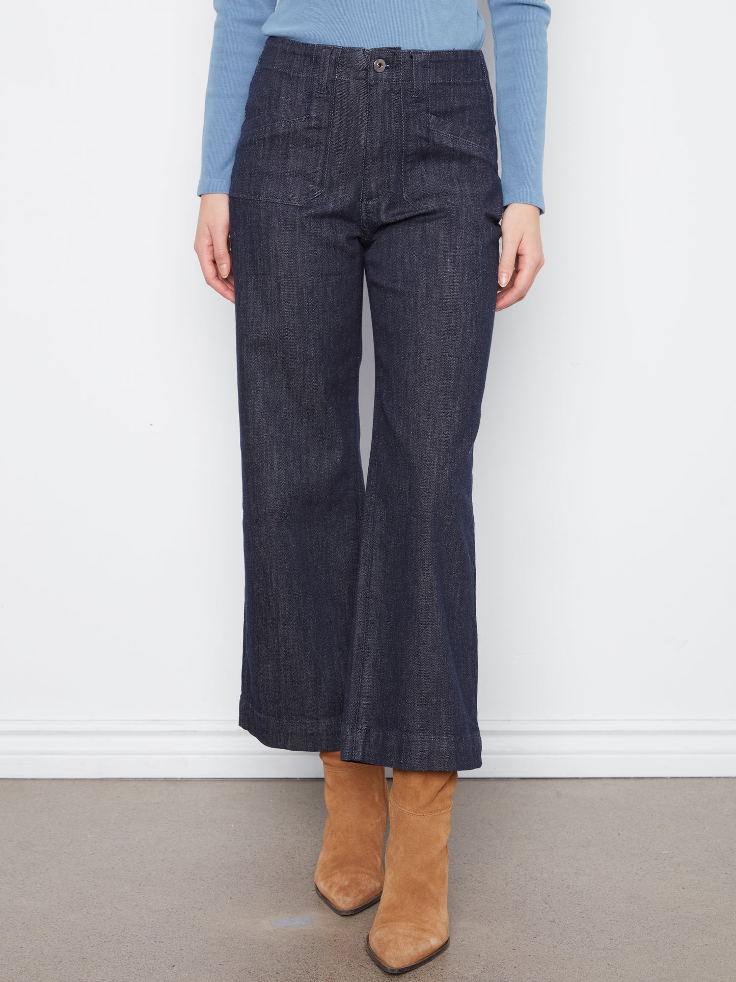 Charlie B Cropped Wide Leg Stretch Denim Pants w/ Patch Pockets Deep Blue C5660RR-437C-910