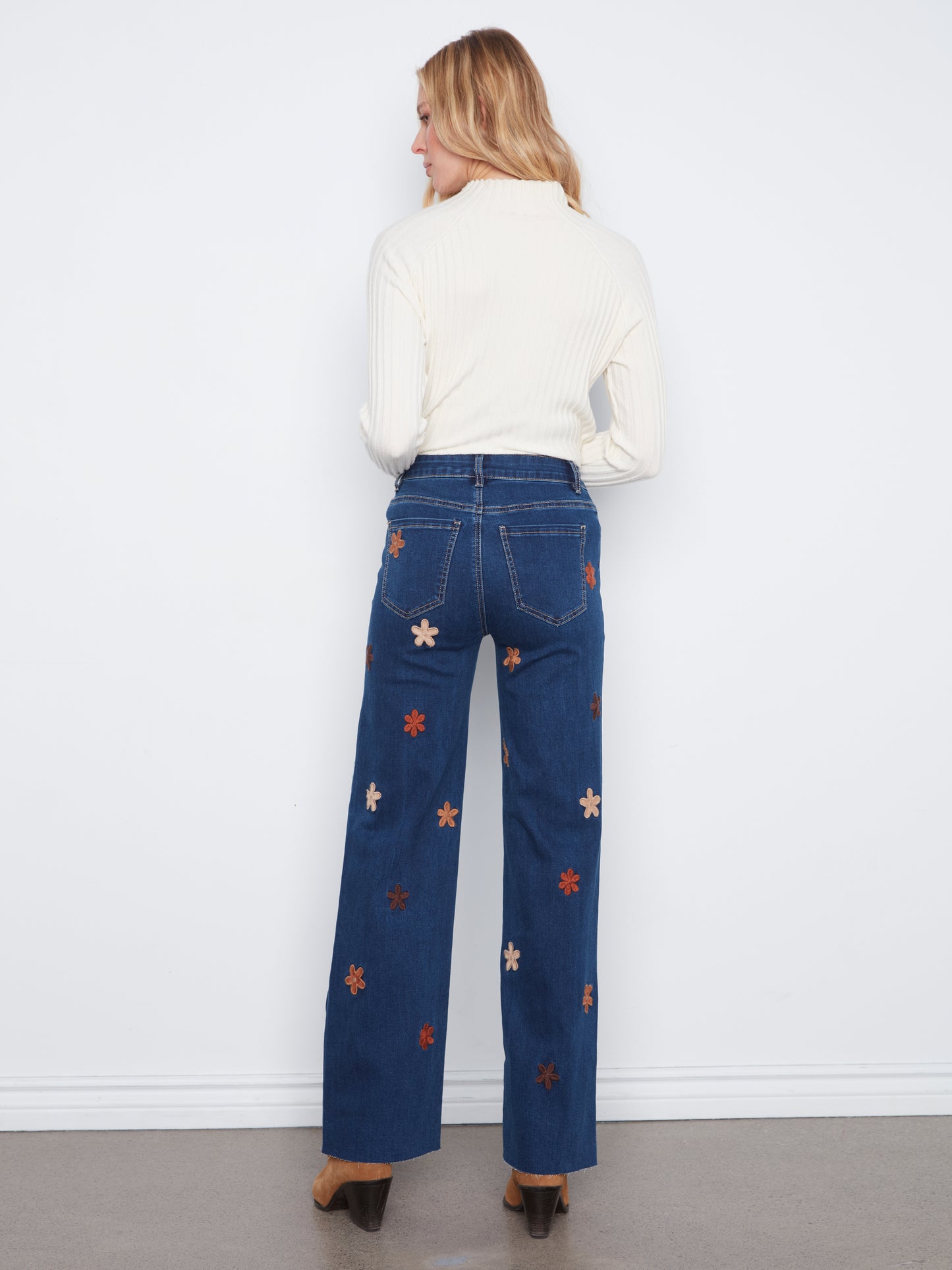 Charlie B Wide Leg Stretch Denim Pants w/Suede Flower Patches Indigo C5665R-431A-007