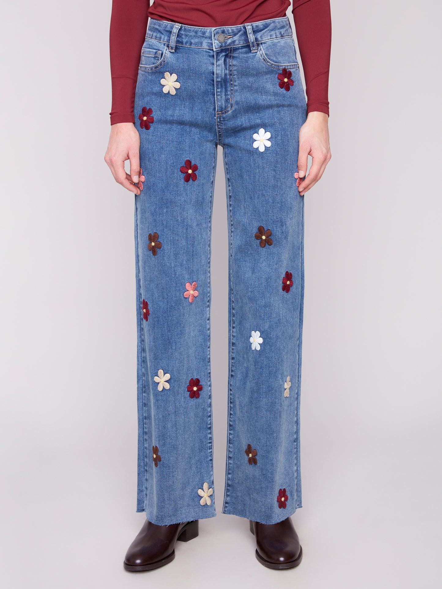 Charlie B Wide Leg Stretch Denim Pants w/Flower Patches Medium Blue C5665-431A-156