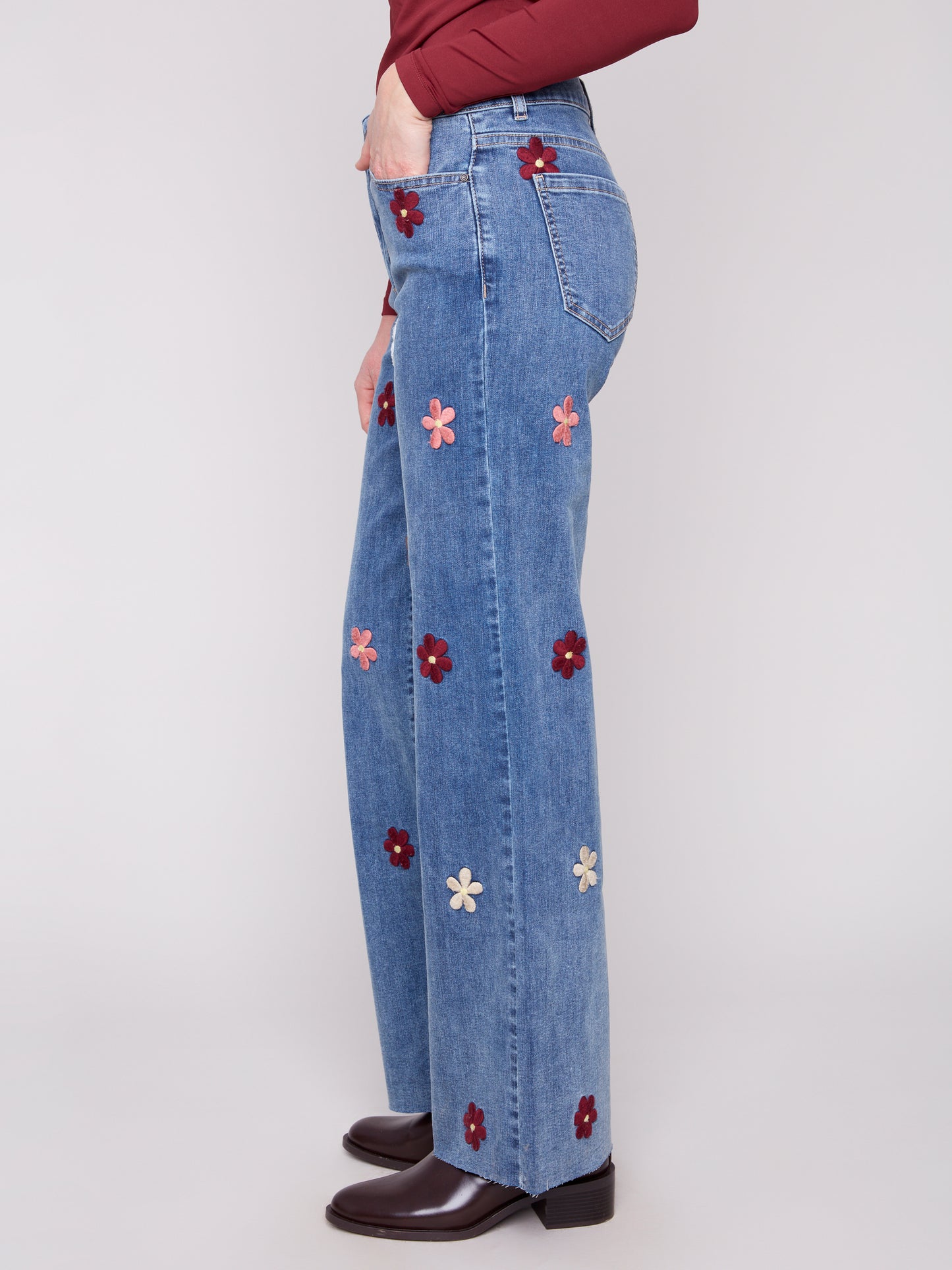 Charlie B Wide Leg Stretch Denim Pants w/Flower Patches Medium Blue C5665-431A-156