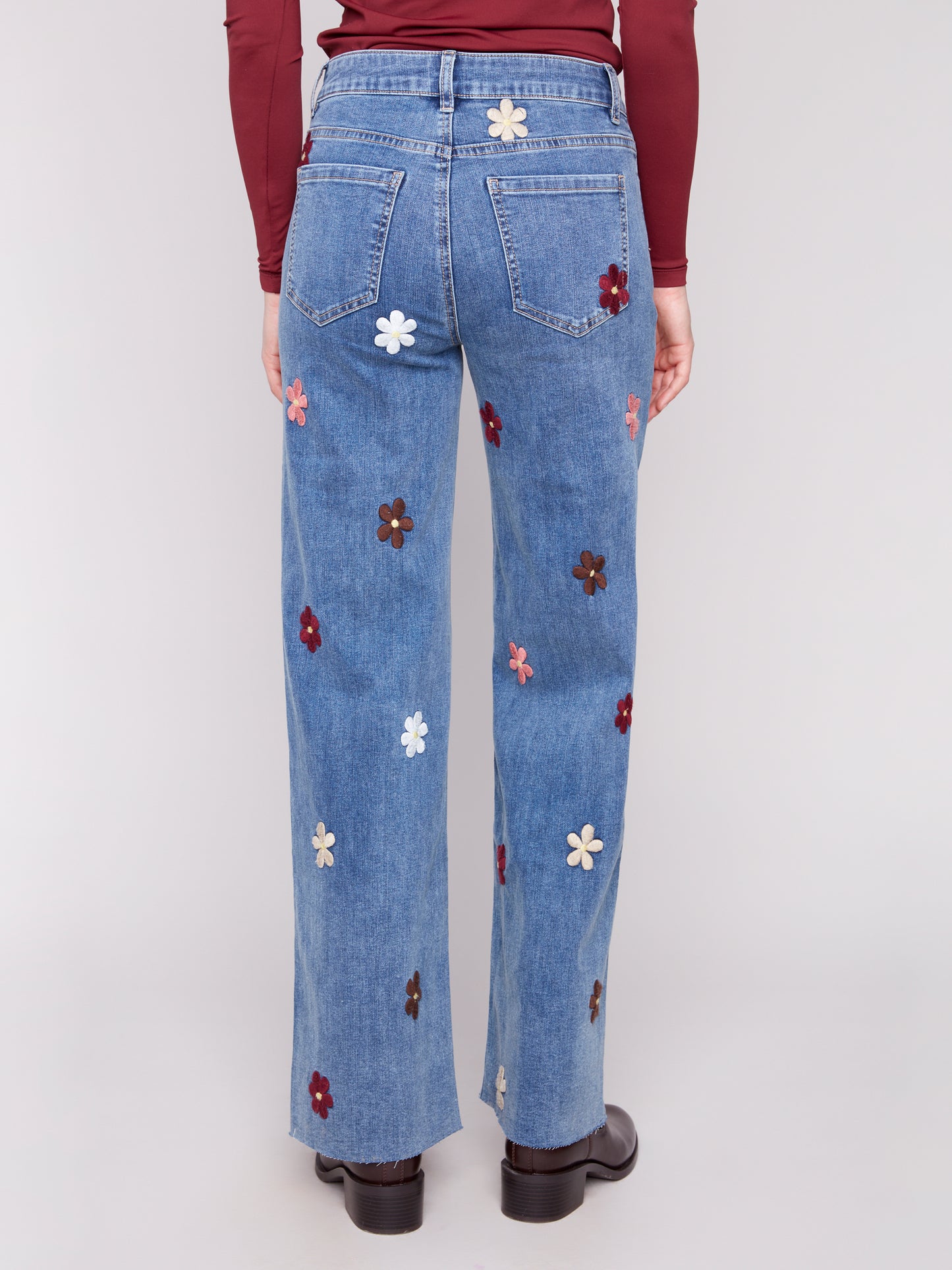 Charlie B Wide Leg Stretch Denim Pants w/Flower Patches Medium Blue C5665-431A-156