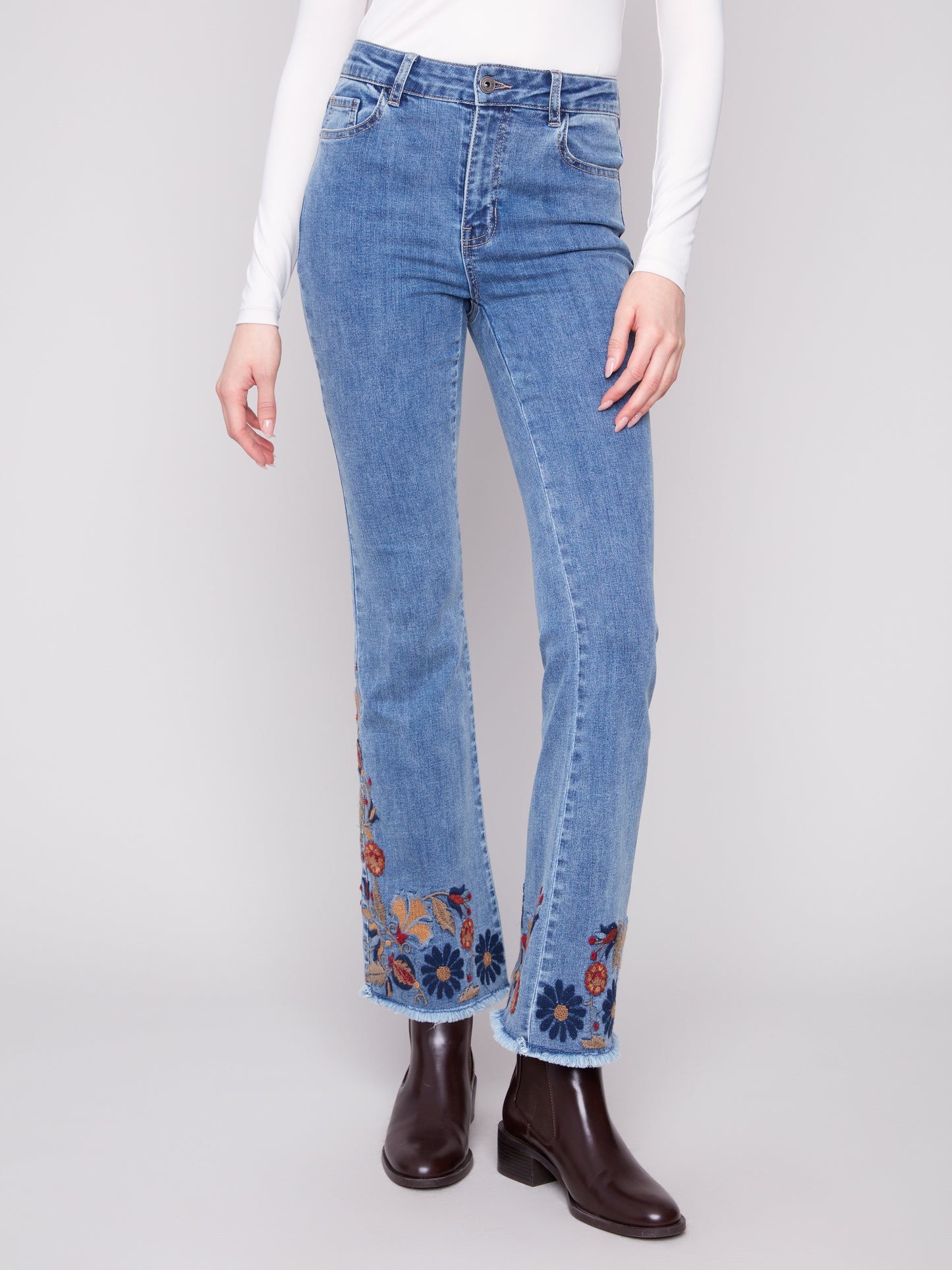 Charlie B Flare Leg Stretch Denim Pants w/Embroidery Medium Blue C5667-431A-156