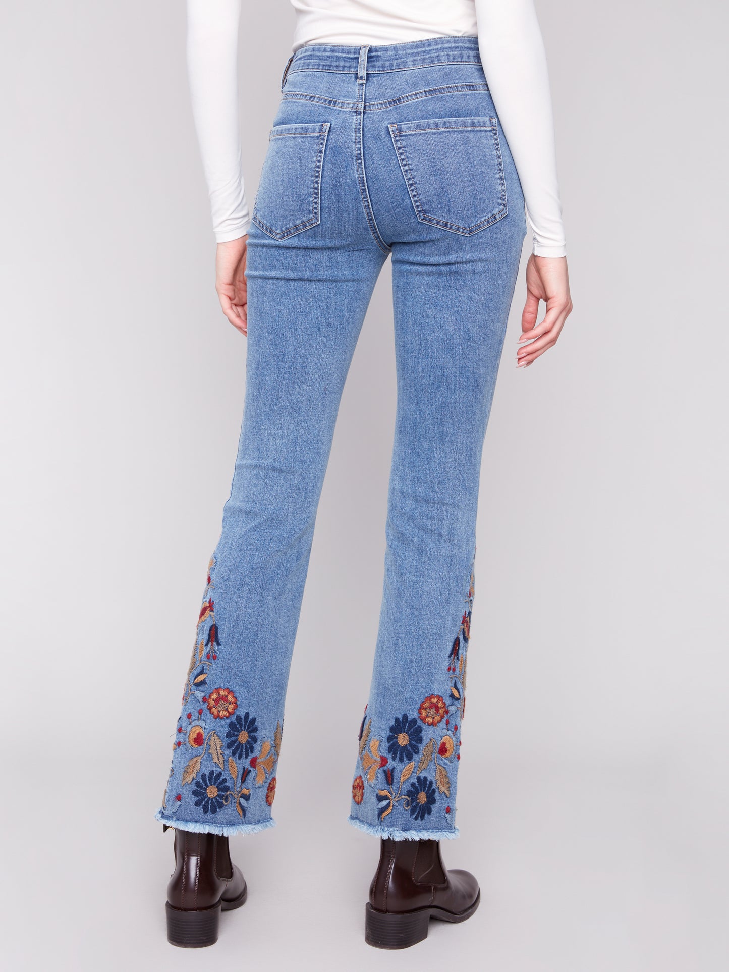 Charlie B Flare Leg Stretch Denim Pants w/Embroidery Medium Blue C5667-431A-156