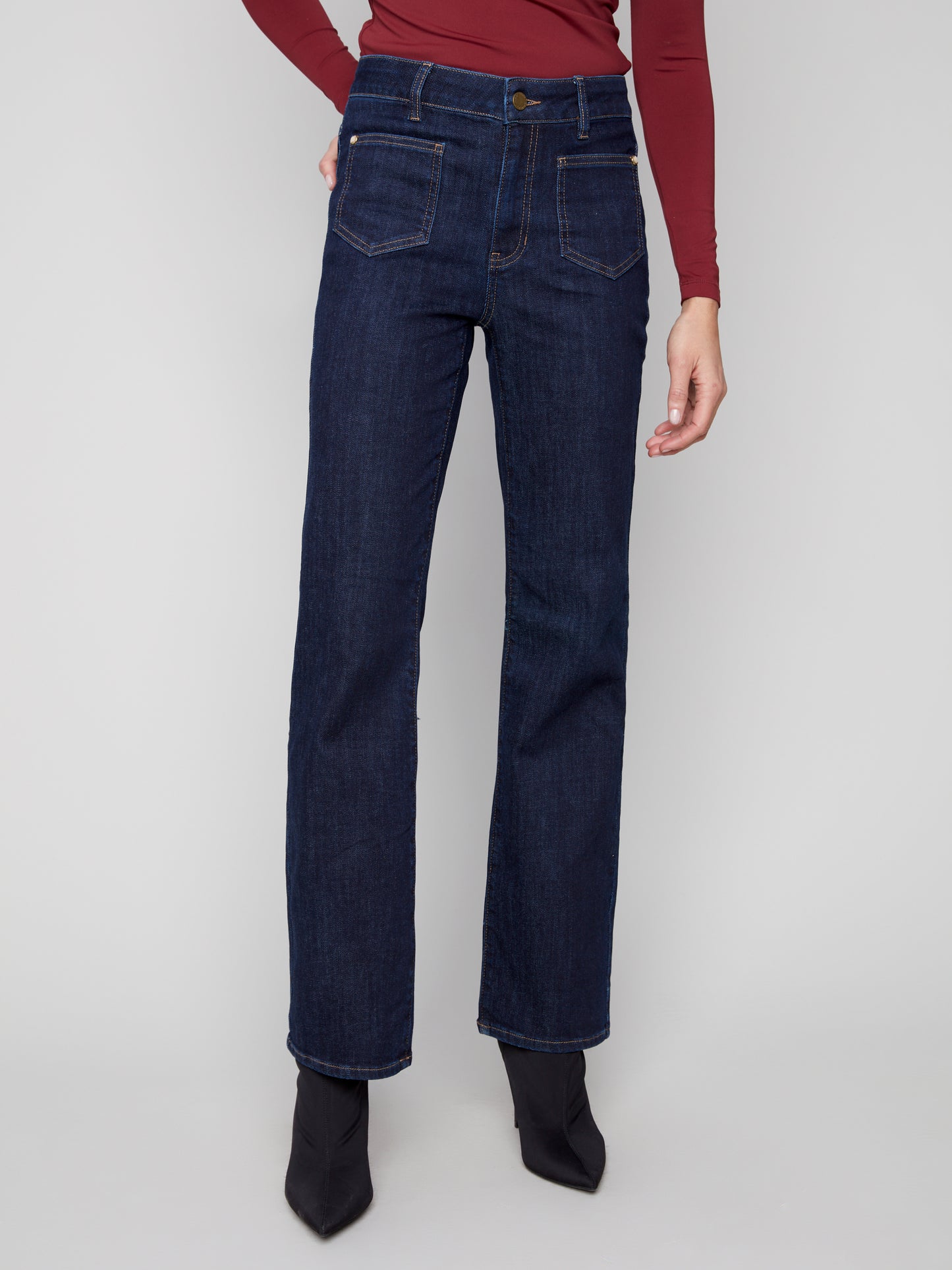 Charlie B Flare Leg Stretch Denim Pants w/Patch Pockets & Special Rivets Deep Blue C5687-437C-910