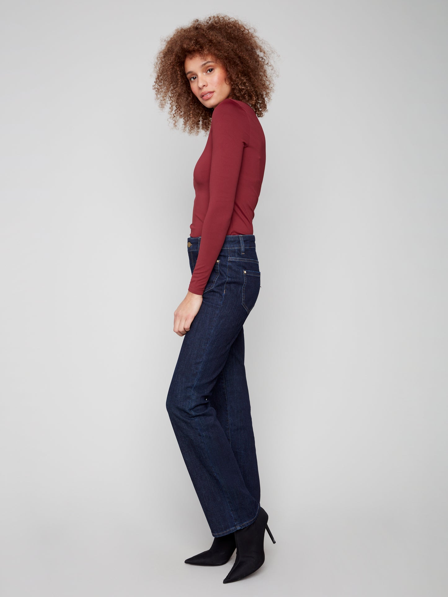 Charlie B Flare Leg Stretch Denim Pants w/Patch Pockets & Special Rivets Deep Blue C5687-437C-910