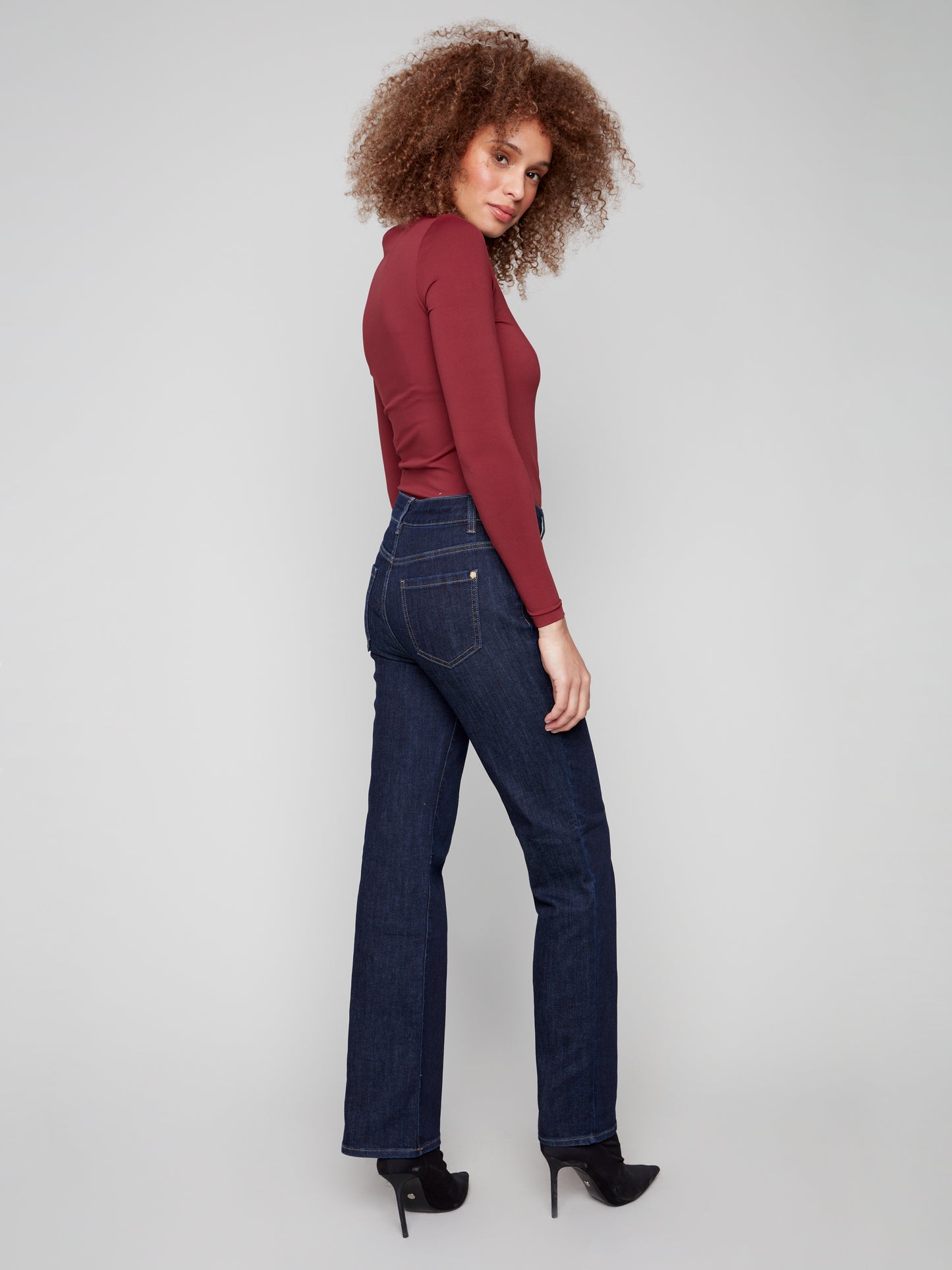 Charlie B Flare Leg Stretch Denim Pants w/Patch Pockets & Special Rivets Deep Blue C5687-437C-910