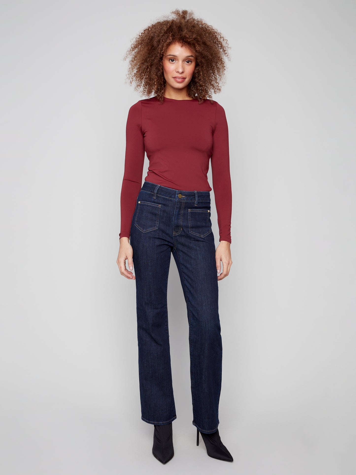 Charlie B Flare Leg Stretch Denim Pants w/Patch Pockets & Special Rivets Deep Blue C5687-437C-910