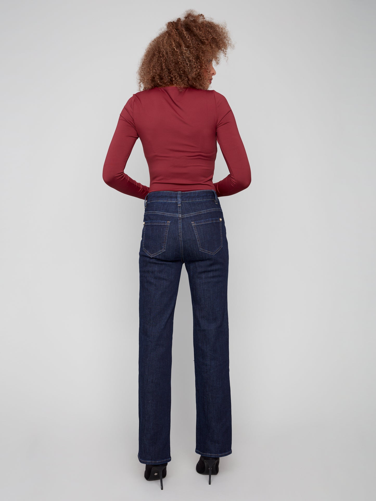 Charlie B Flare Leg Stretch Denim Pants w/Patch Pockets & Special Rivets Deep Blue C5687-437C-910