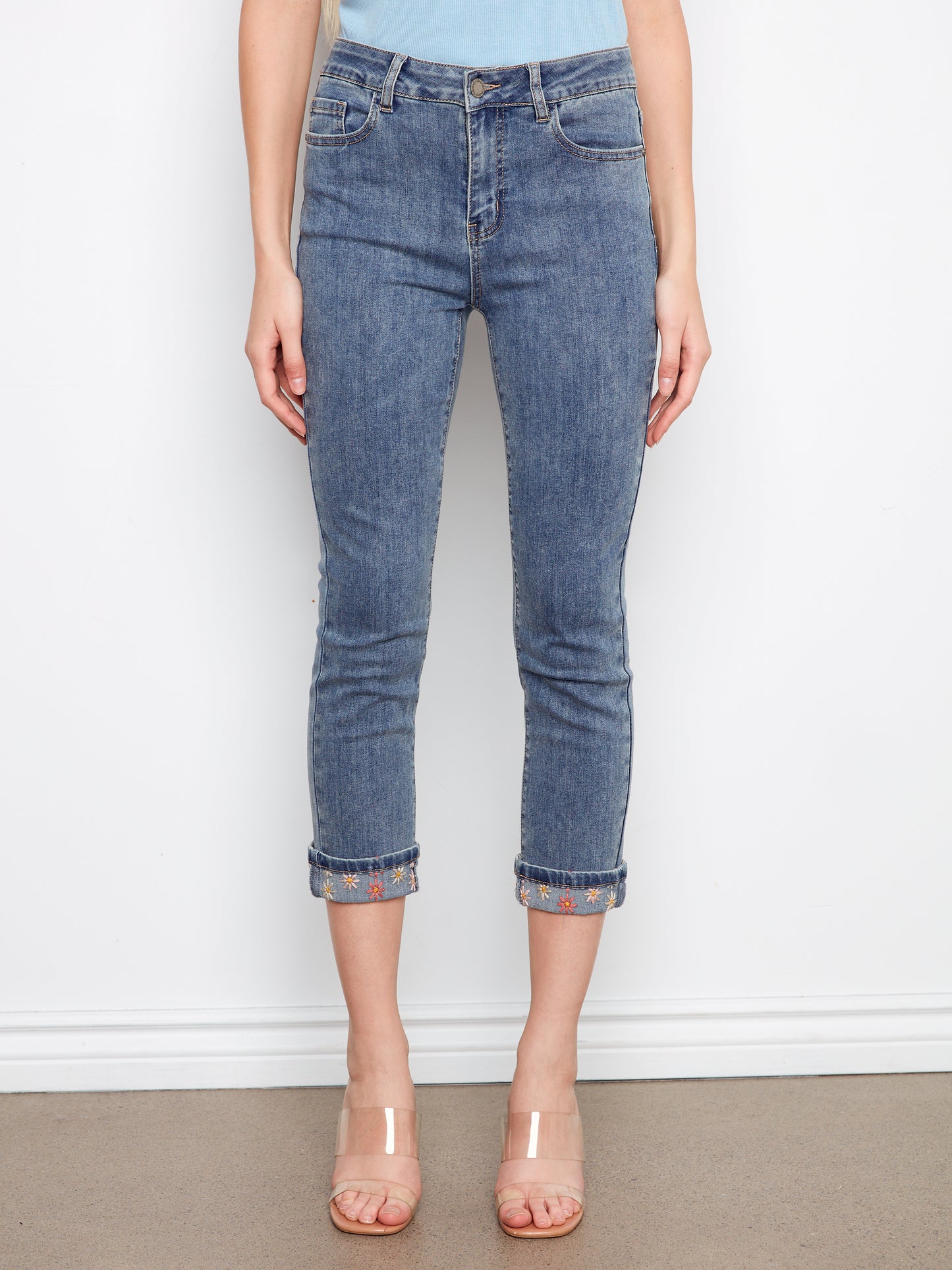 Charlie B Stretch Denim Slim Leg Pants w/Embroidered Cuff Medium Blue C5770E-431A-156