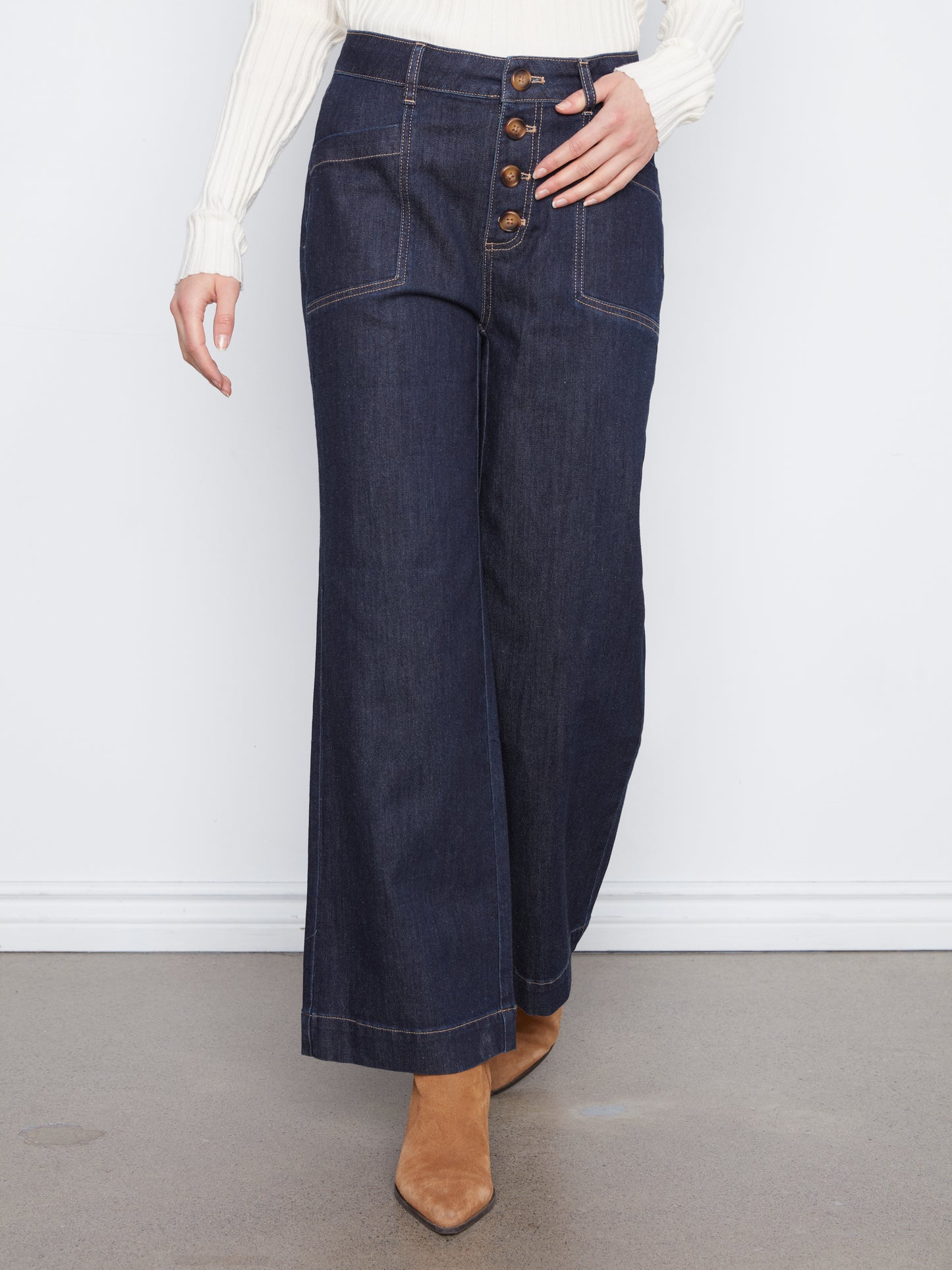 Charlie B Wide Leg Button Front Stretch Denim Pants w/Patch Pockets Midnight C5835-300C-081